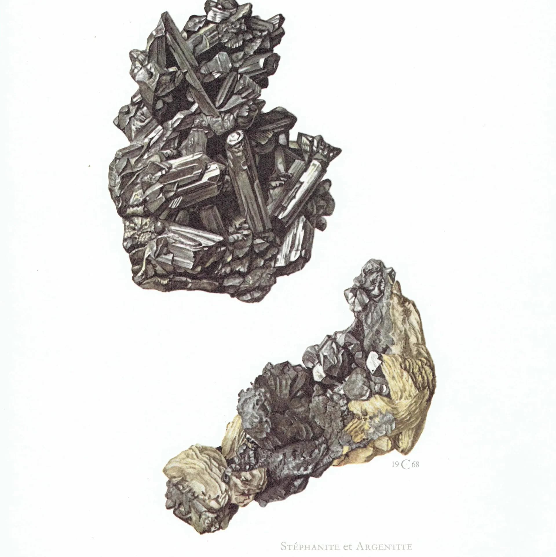 1969 Stephanite Argentite Minerals - Original Vintage Print By Caspari - Scientific Natural History Geology Study - 7.5 x 10.5 in