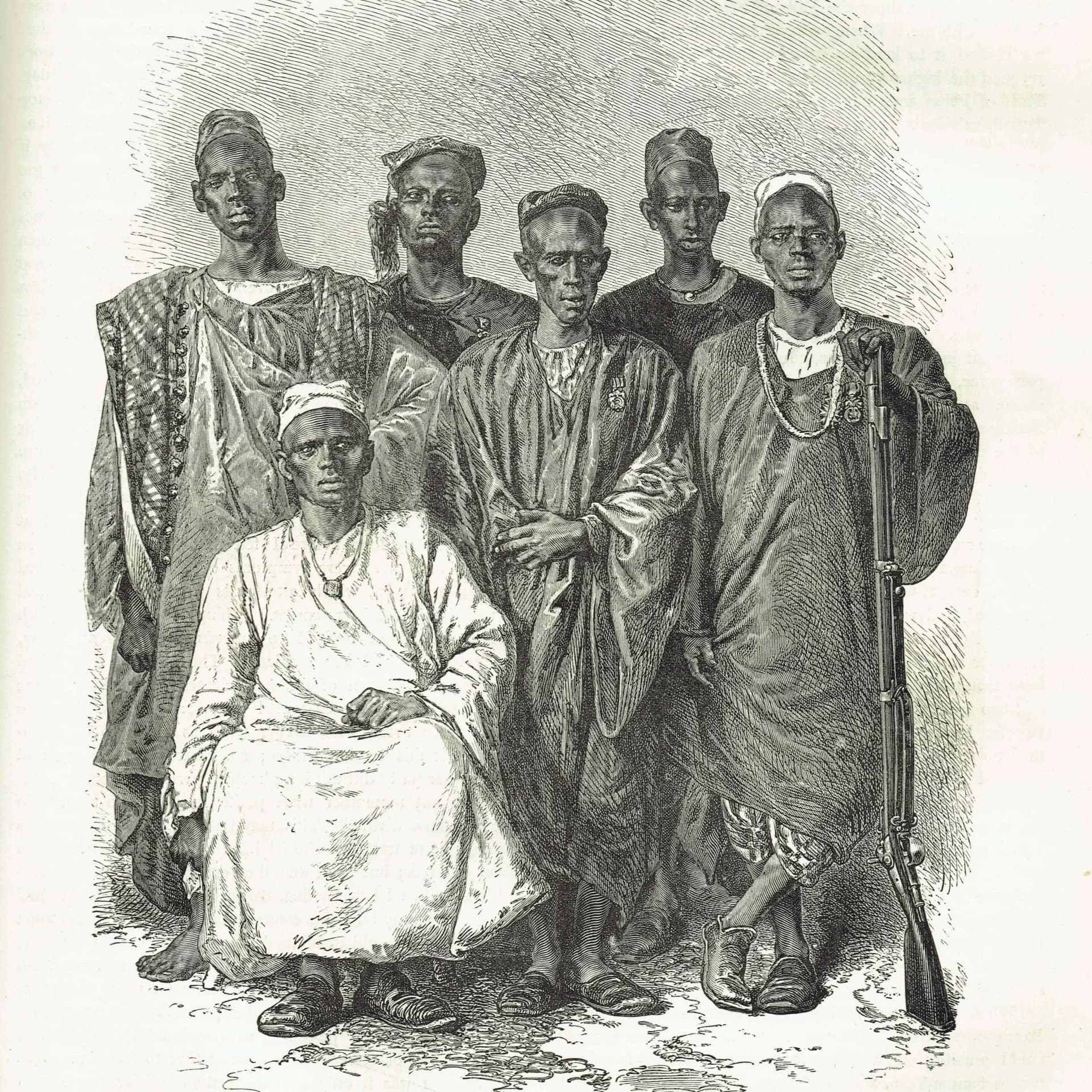 1870s Escort of M. Mage - Antique Engraving - Victorian Africa Travel Portrait Group Study - 8 x 11.5 in