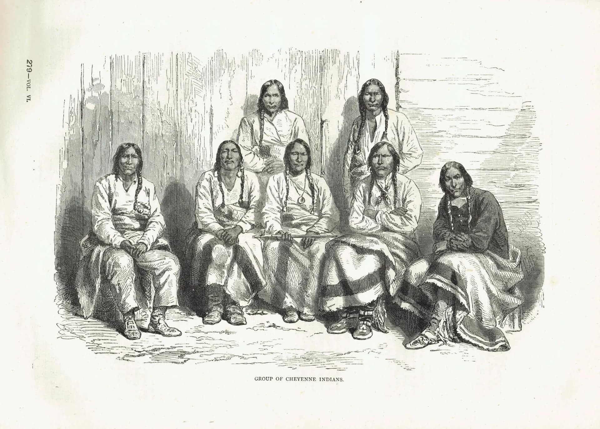 1875 Cheyenne Indians Group Portrait - Antique Engraving - Native American History Victorian Travel - 11.5 x 8 in
