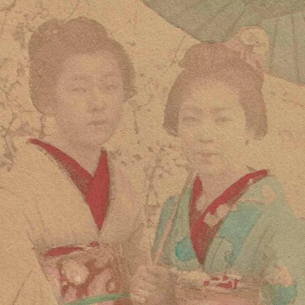 c.1900s Geisha With Umbrella - Original Antique Hand-Tinted Albumen Photograph - Meiji Era Yokohama Studio Kimono Portrait - 7.5 x 15 in