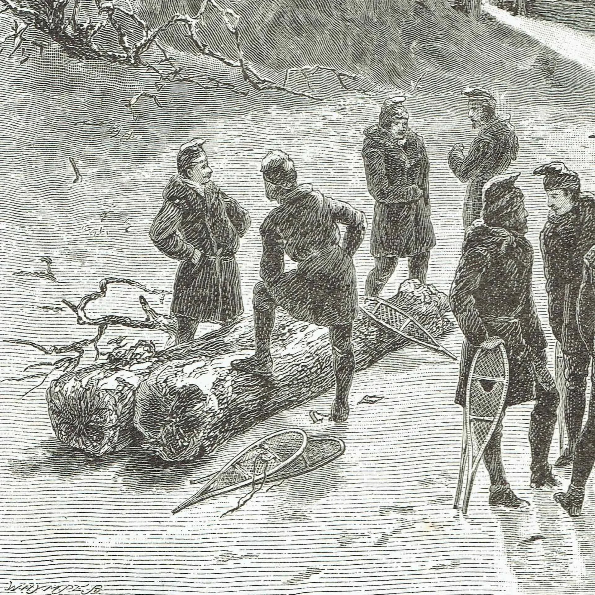 1885 Snow-Shoe Club Meet Canada - Original Antique - Victorian Winter Sport drawn by Marquis of Lorne - Engraved Whymper - 7.25 x 10.75 in