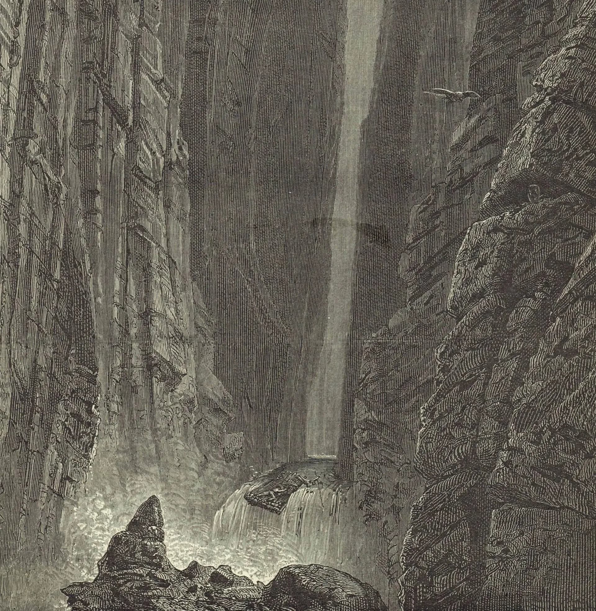 1870s Original Canyon Waterfall Woodblock Victorian Print - Dramatic Landscape Adventure - Illustrated Travels Book - 8.5 x 12 in