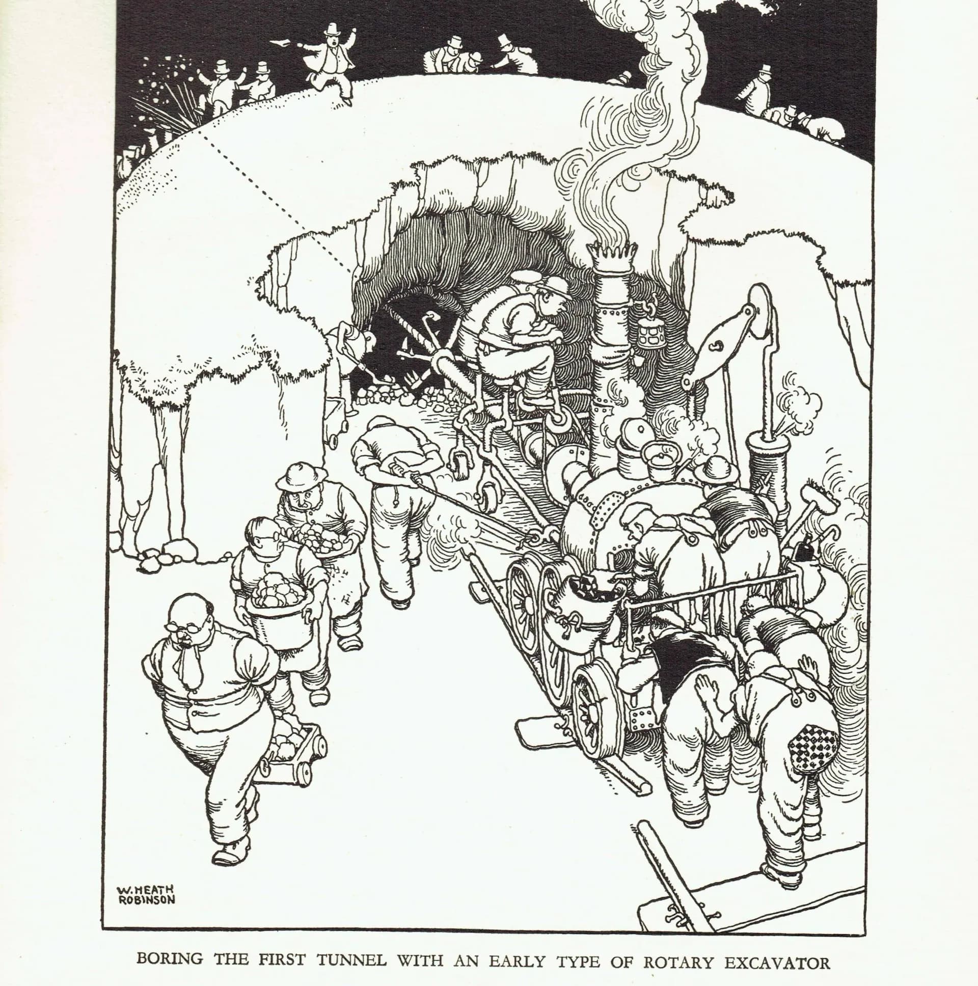 1935 Railway Tunnel Excavator - Original Vintage Print By Heath Robinson - Great Western Railway Centenary Humorous Cartoon - 7 x 9.5 in