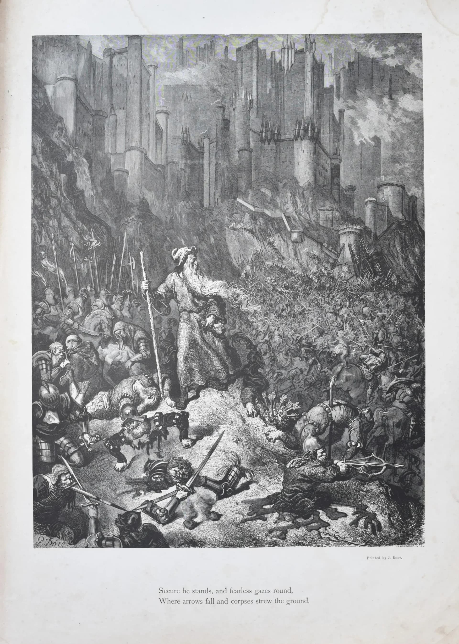 1866 Gustave Doré Legend Of The Wandering Jew Battle Scene Plate 9 - Original Antique Engraving - Gothic Medieval Christian - 14 x 20 in