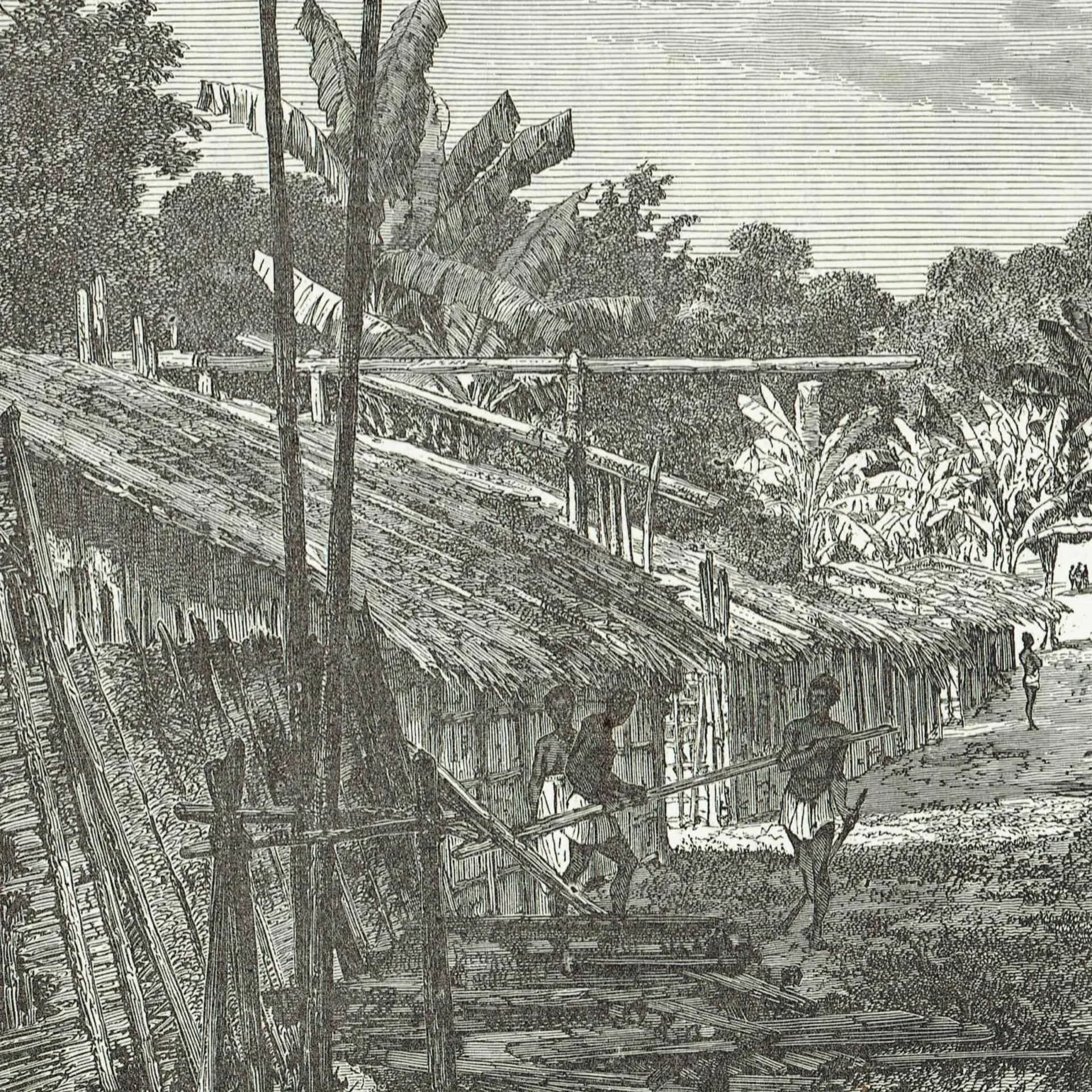 1869 Pahouin Village Africa - Original Antique Engraving - Illustrated Travels Bates Exploration Geography Adventure - 11 x 8.25 in