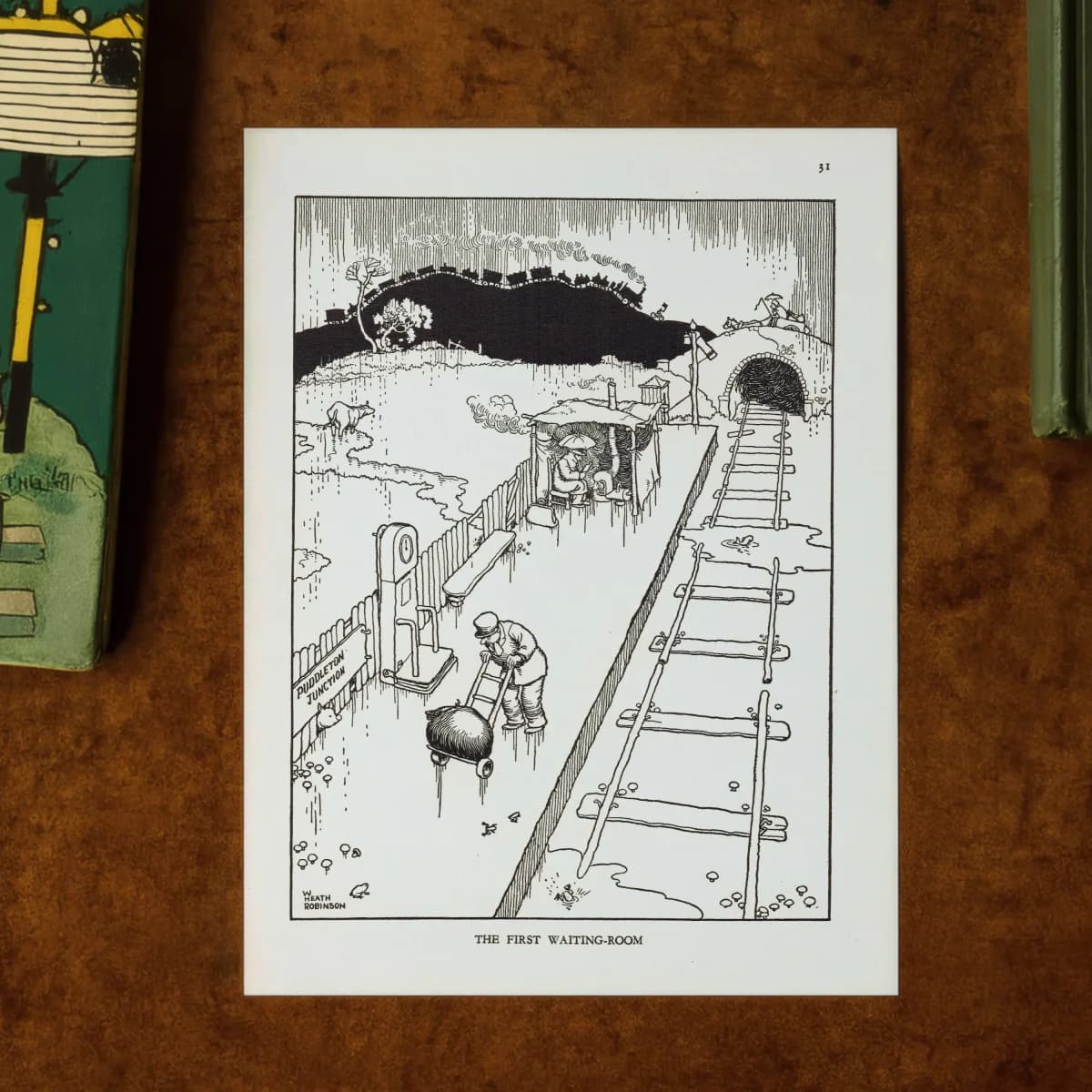 1935 Railway Humour - Original Vintage Print By Heath Robinson - Great Western Railway Centenary Cartoon Satire - 7 x 9.5 in