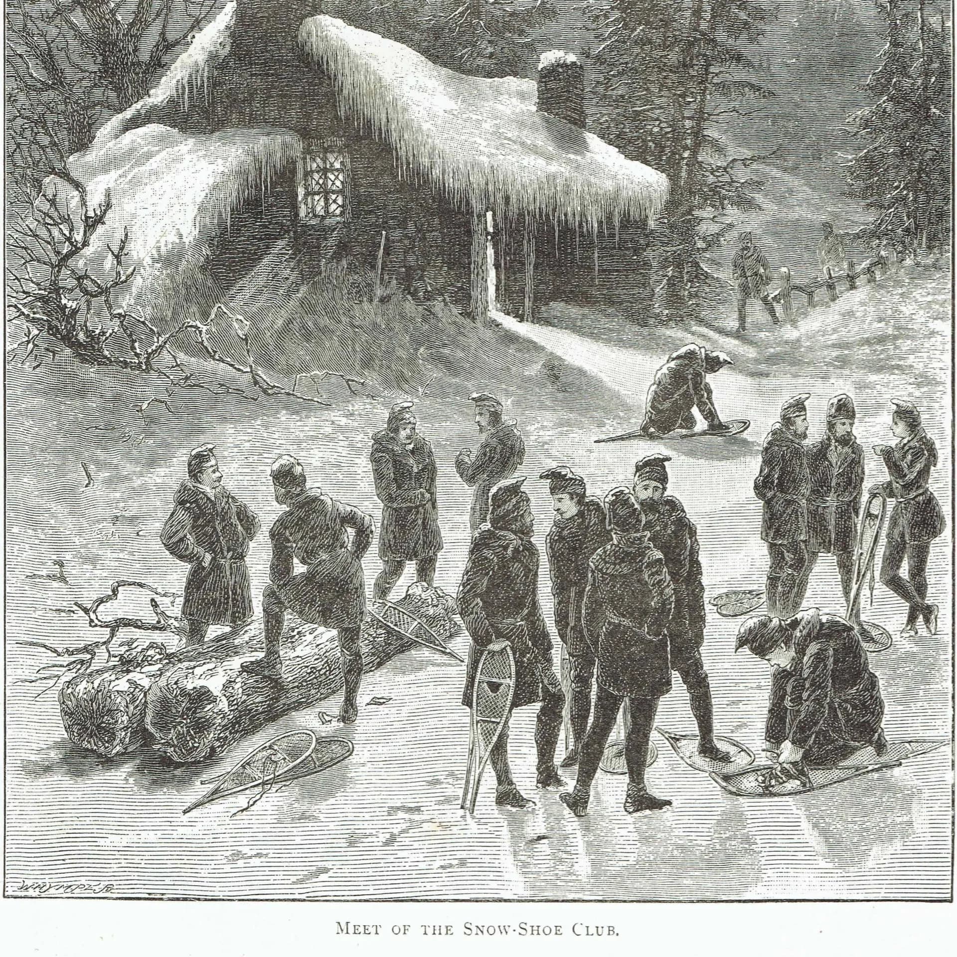 1885 Snow-Shoe Club Meet Canada - Original Antique - Victorian Winter Sport drawn by Marquis of Lorne - Engraved Whymper - 7.25 x 10.75 in