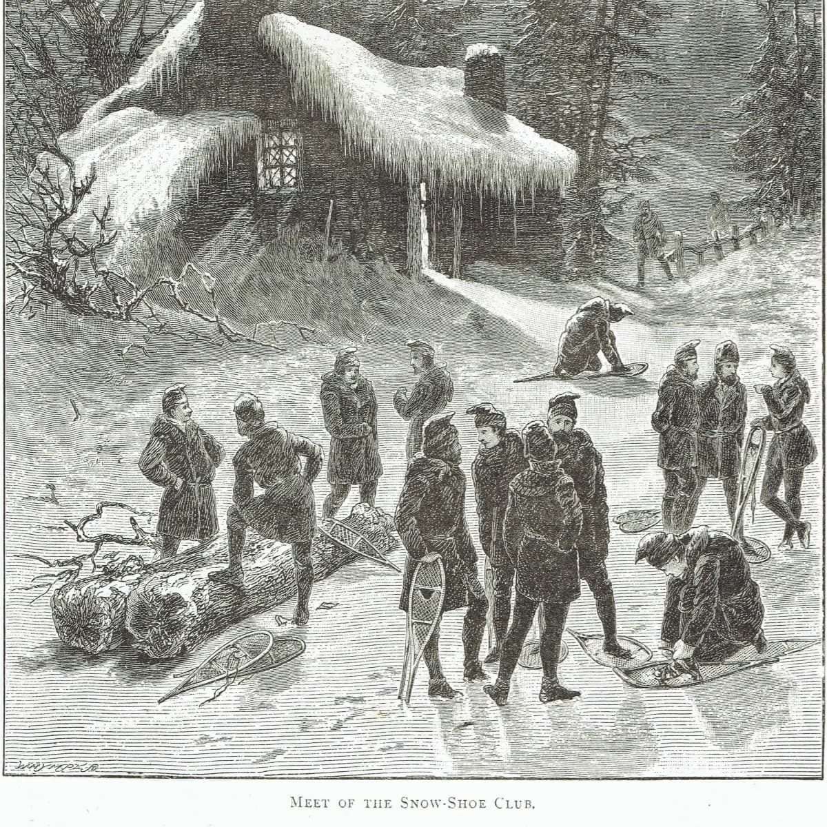1885 Snow-Shoe Club Meet Canada - Original Antique - Victorian Winter Sport drawn by Marquis of Lorne - Engraved Whymper - 7.25 x 10.75 in