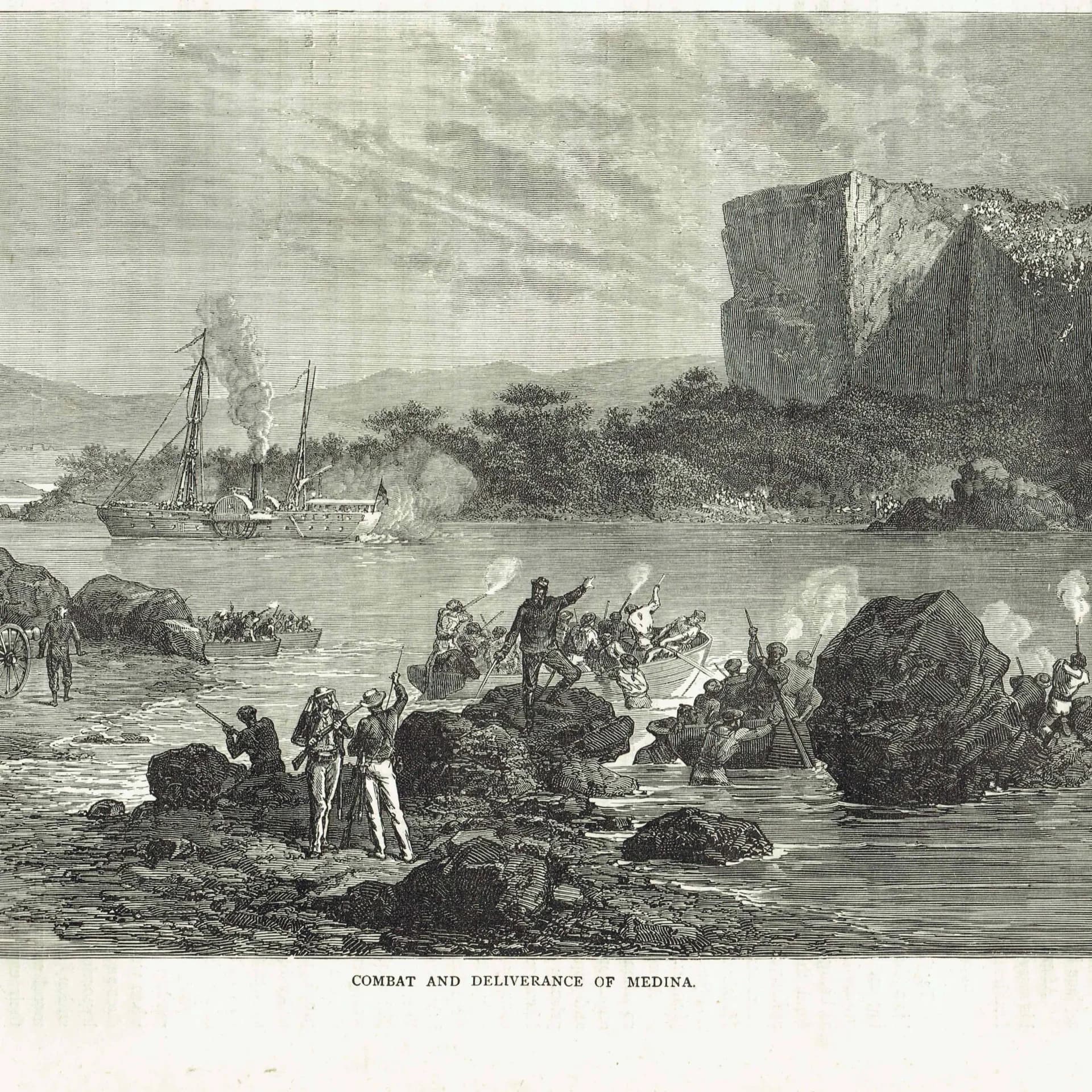 1875 Combat & Deliverance of Medina - Antique Engraving - Illustrated Travels Victorian Military Arabia History - 8 x 11.5 in
