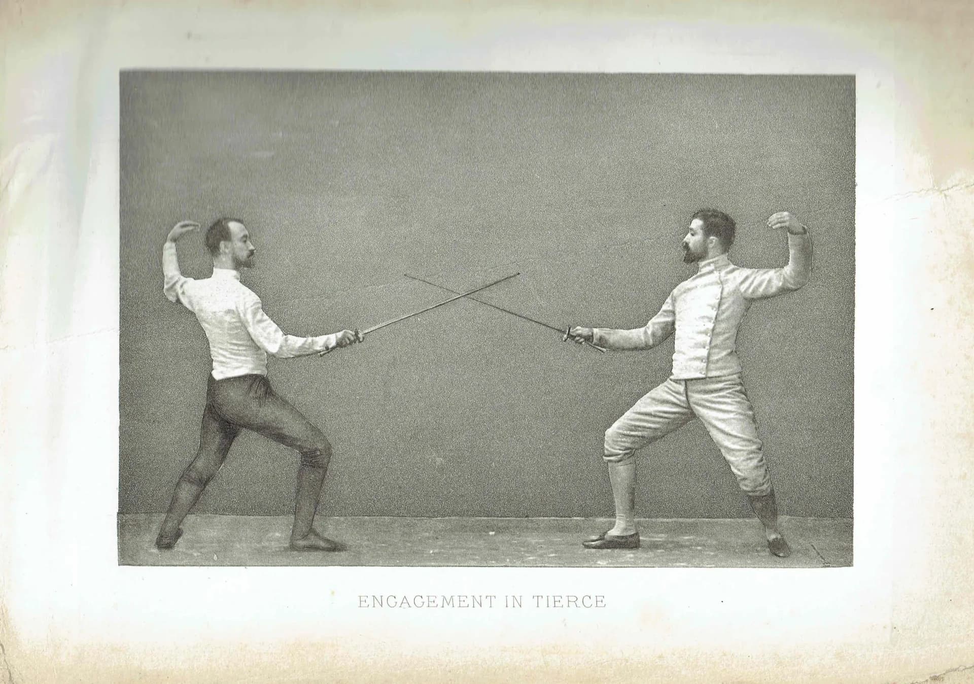 1889 Engagement in Tierce Fencing - Original Antique Engraving - Badminton Library Victorian Sports Educational Study - 5 x 7 in