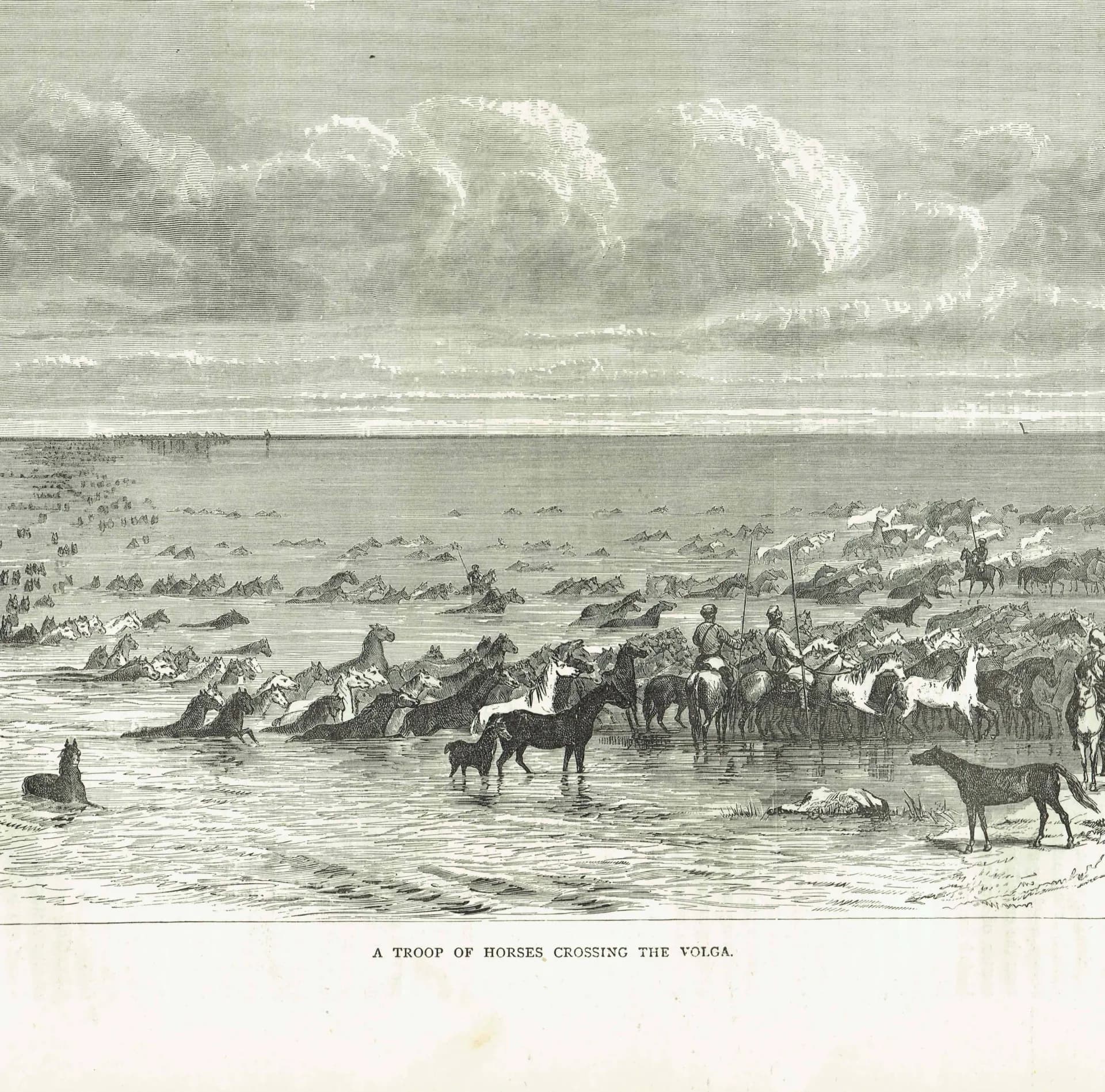1871 Horses Crossing the Volga - Antique Engraving By Bates - Russian River Landscape Victorian Travel Scene - 11.5 x 8 in