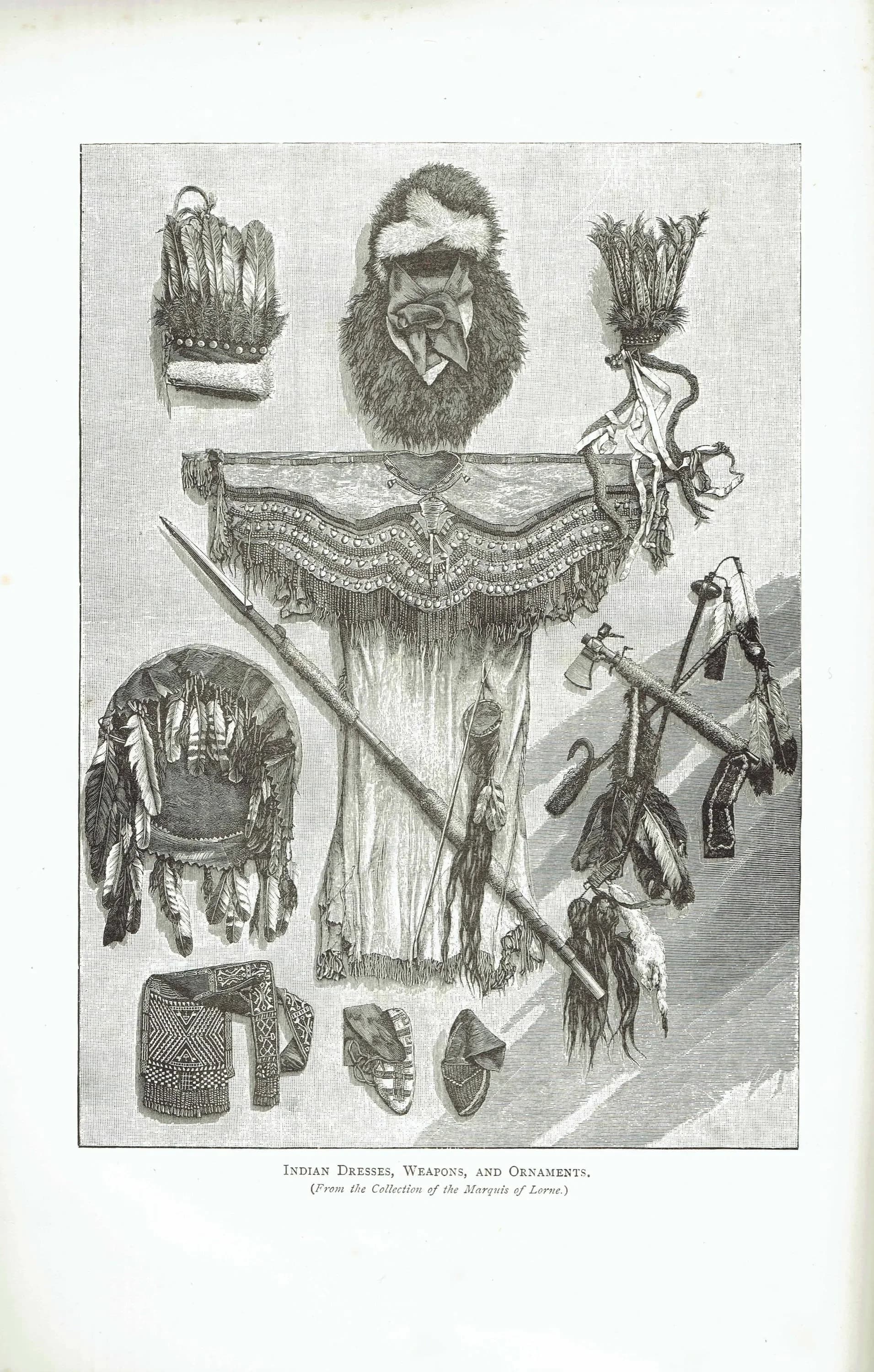 1885 Indian Dresses Weapons Ornaments - Canada - Original Antique Print - drawn by Marquis of Lorne - Engraved Whymper - 7.25 x 10.75 in