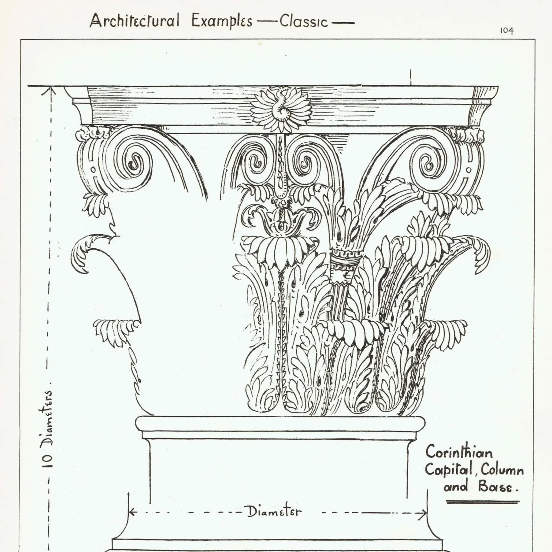 1898 Corinthian Capital Print - Classical Column, Base & Decorative Architecture Study - Antique Design Plate - 8 x 10.75 in
