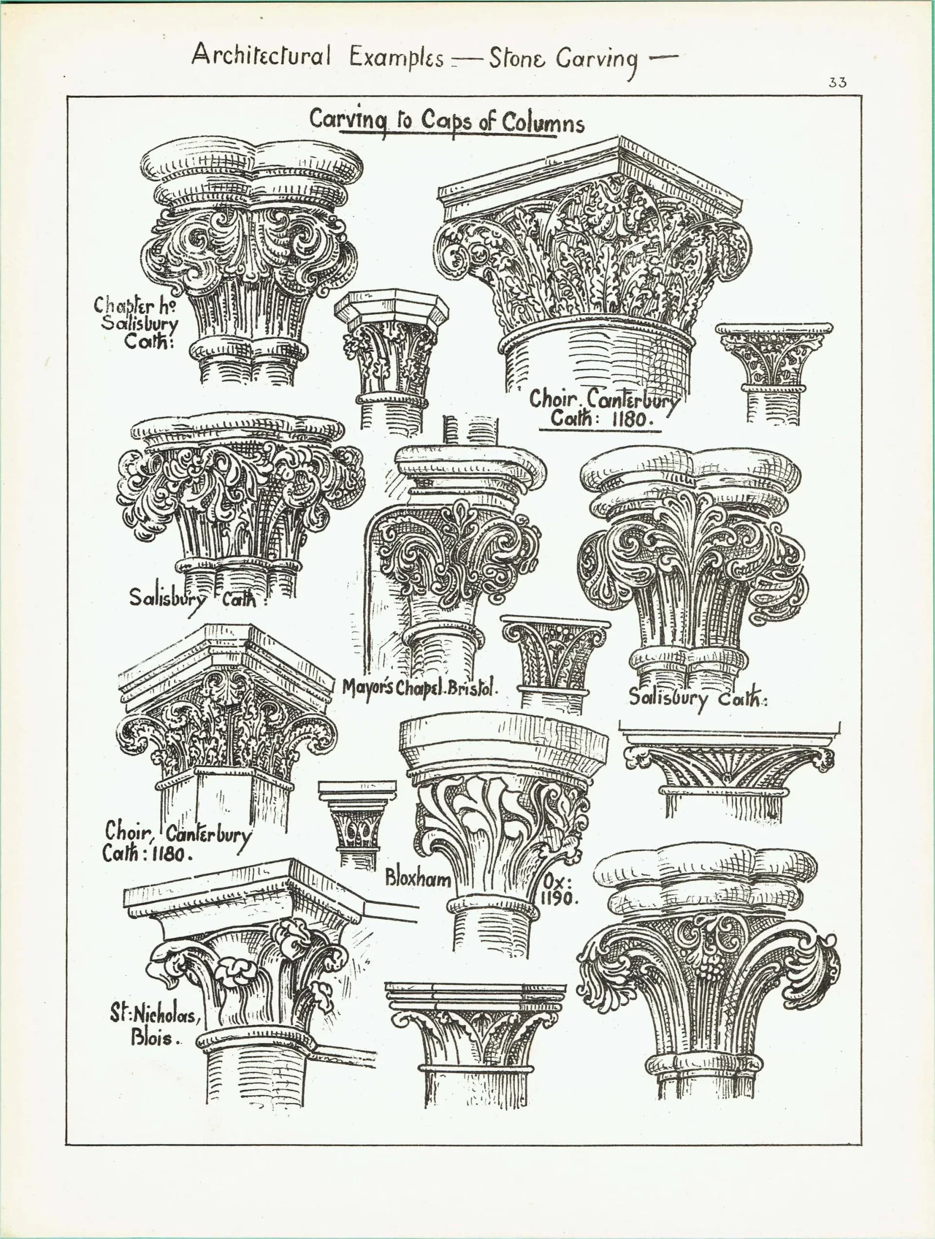 1898 Architectural Print - Stone Carving Caps Of Columns Canterbury Salisbury Bloxham Blois Bristol - W Fullerton - 8 x 10.75 in
