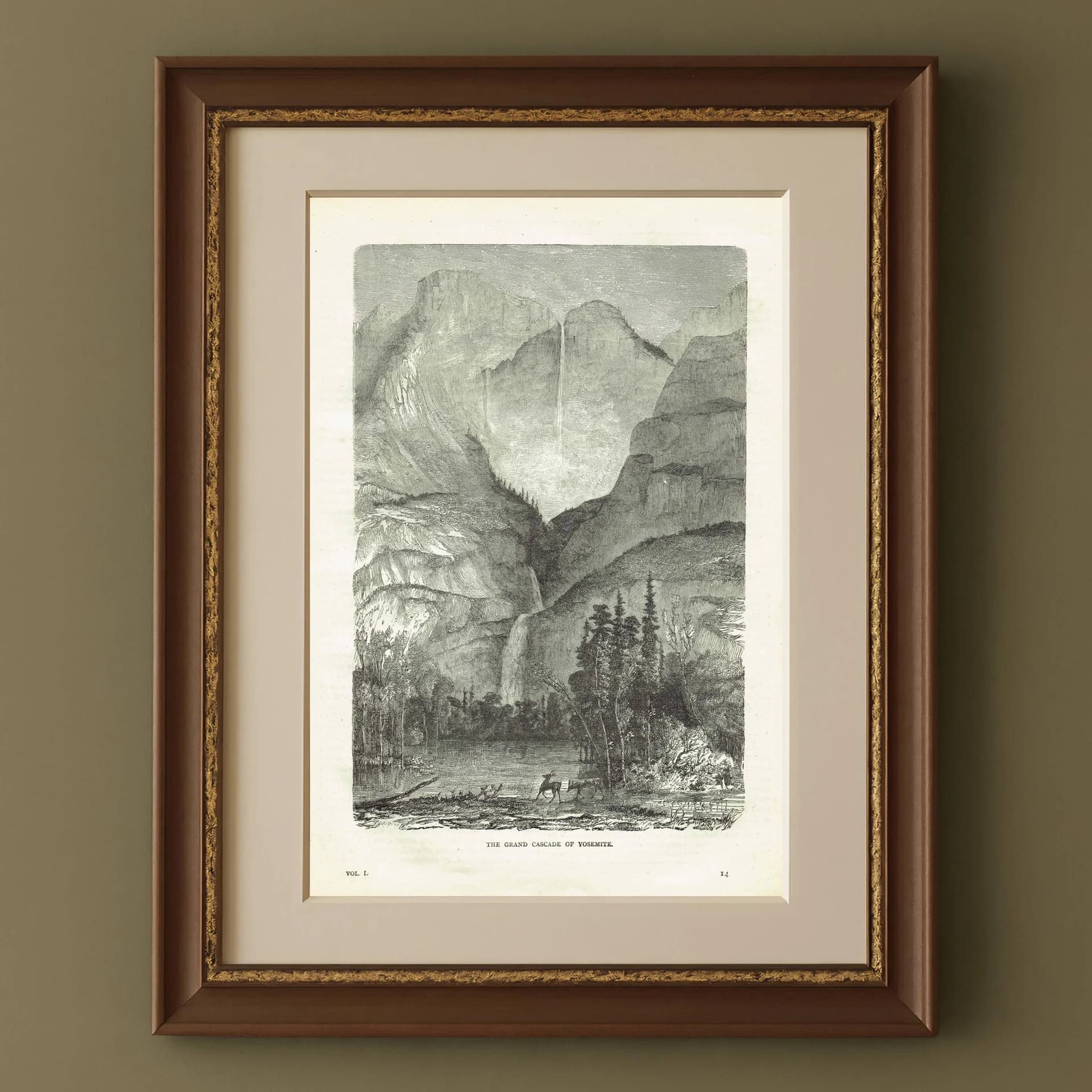 1870s Yosemite Waterfall - Grand Cascade Mountain Landscape - Victorian Original Woodblock Print - 8.5 x 12 in