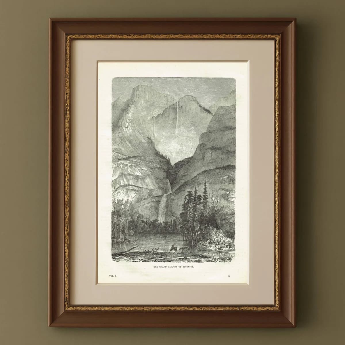 1870s Yosemite Waterfall - Grand Cascade Mountain Landscape - Victorian Original Woodblock Print - 8.5 x 12 in