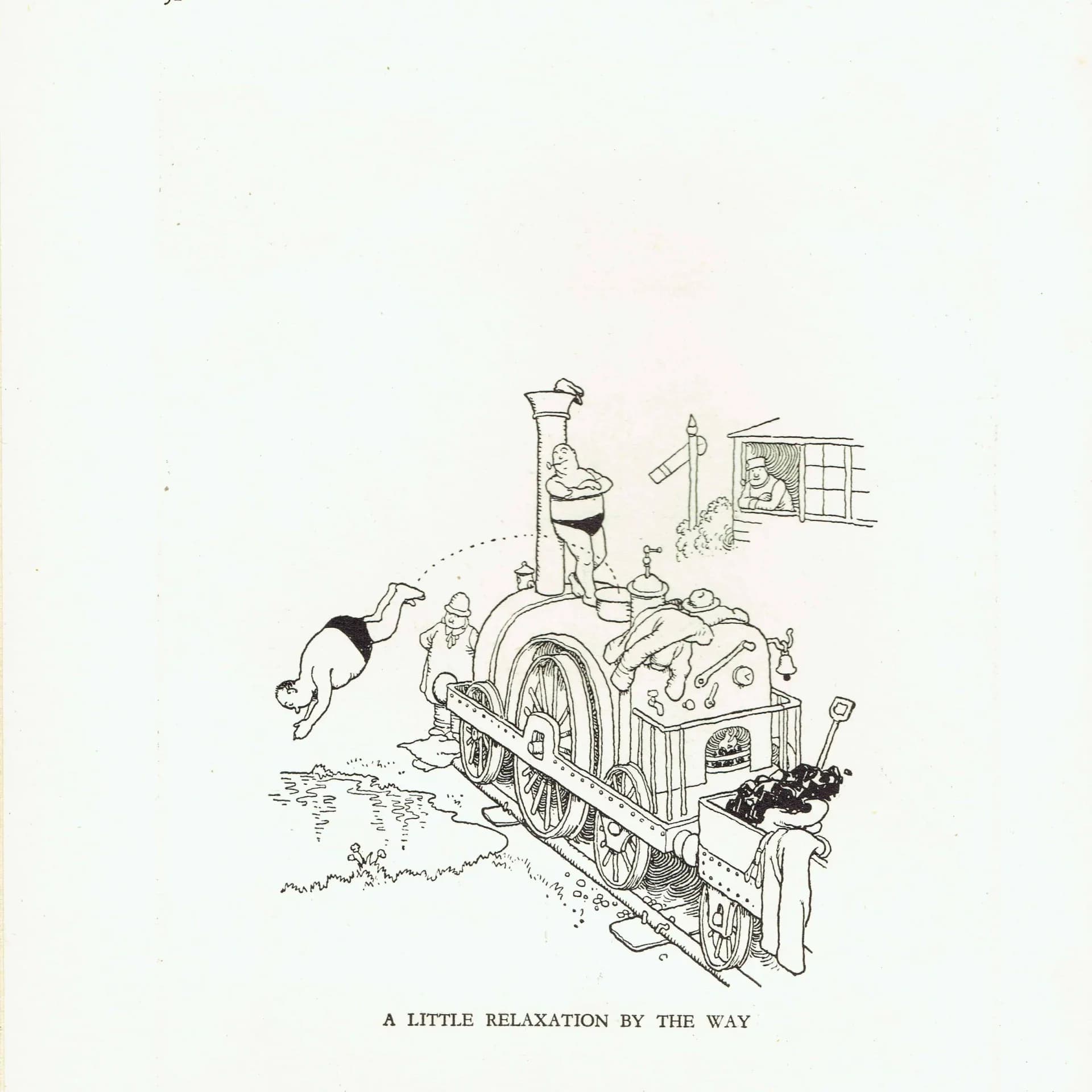 1935 Railway Humour - Original Vintage Print By Heath Robinson - Great Western Railway Centenary Cartoon Satire - 7 x 9.5 in