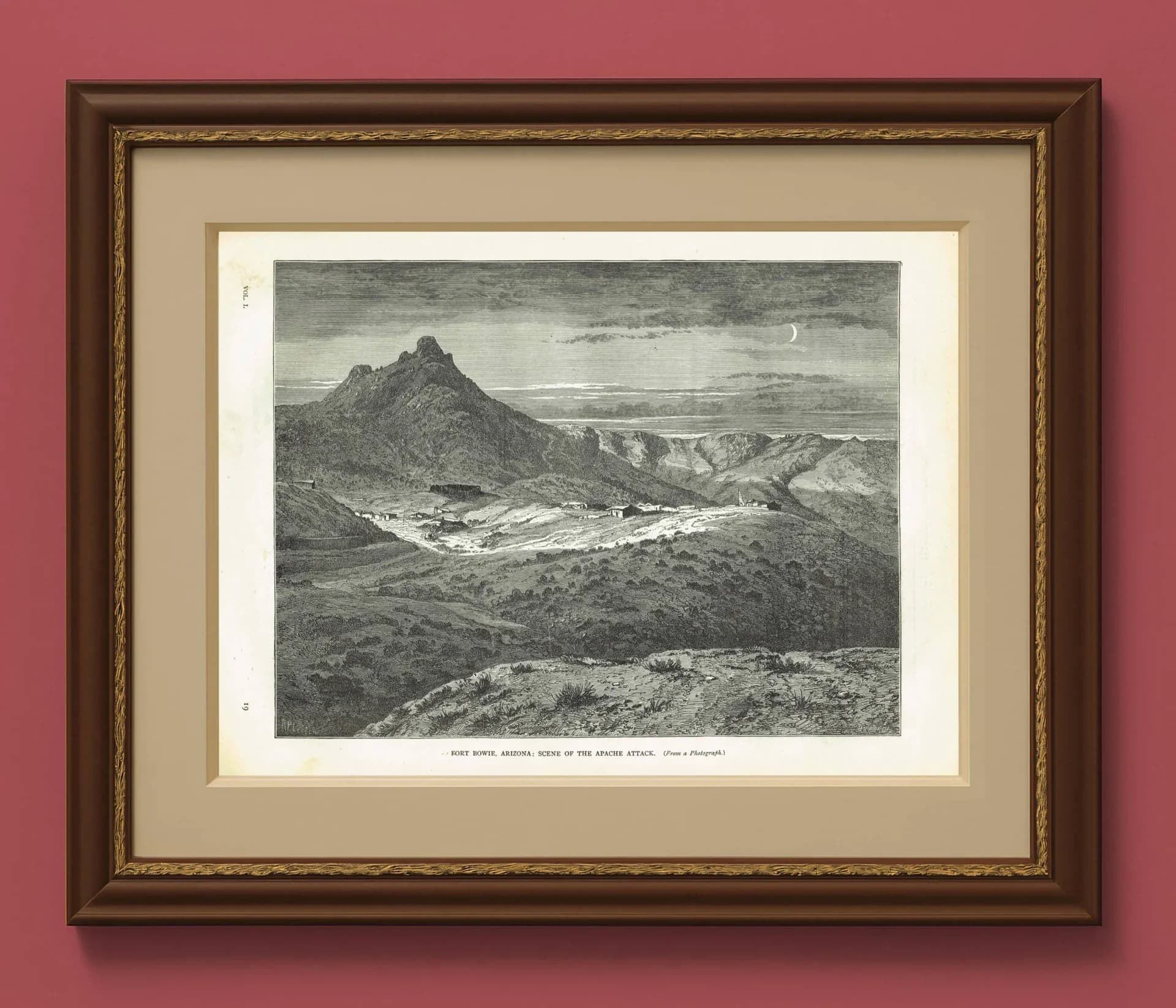 1870s Fort Bowie Arizona Apache Attack Scene Woodblock Print - Western Military History - Victorian Travel Geography - 12 x 8.5 in