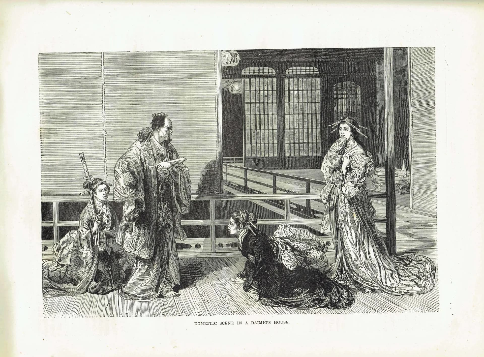 1875 Daimio's House Japan - Antique Engraving - Victorian Japanese Interior Portrait Scene Illustrated Travels - 11.5 x 8 in