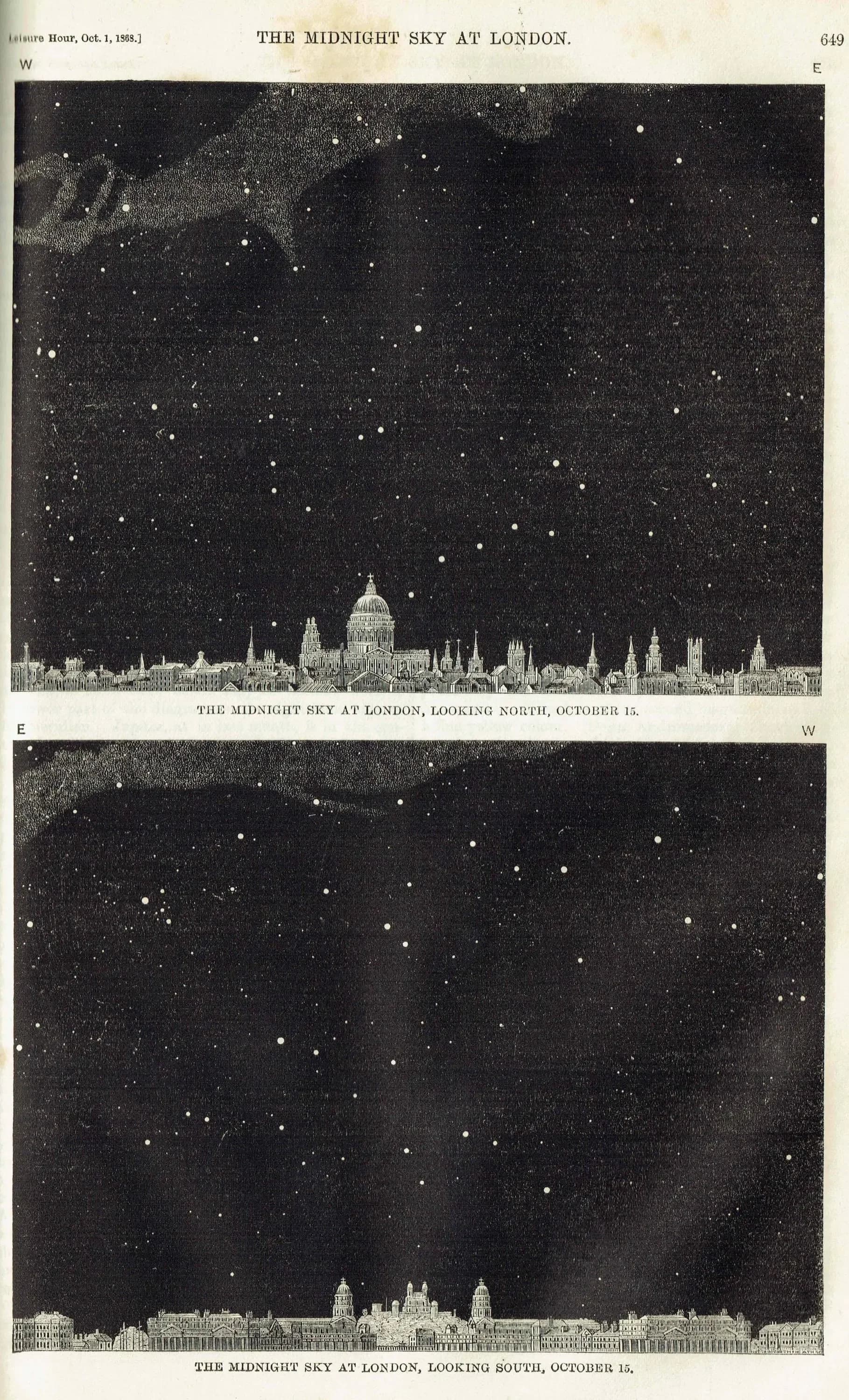 1868 Midnight Sky at London - Original Antique Print - Victorian Astronomy Star Chart North South Views October - 6.25 x 10 in