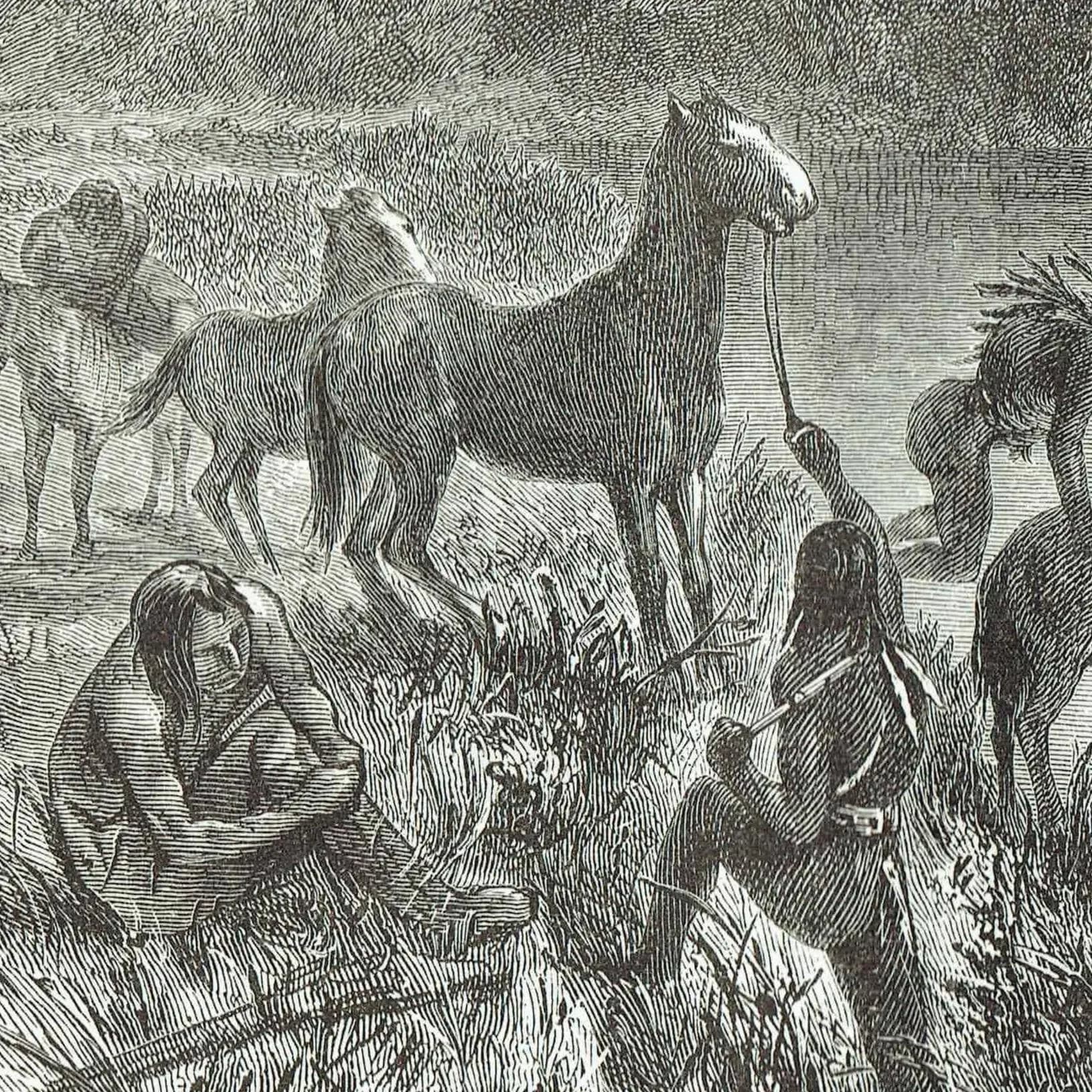 1885 Antique print Blackfeet Indians Crossing River - artist Sydney Hall - engraved By Whymper - Canada Indigenous - 10.75 x 7.25 in