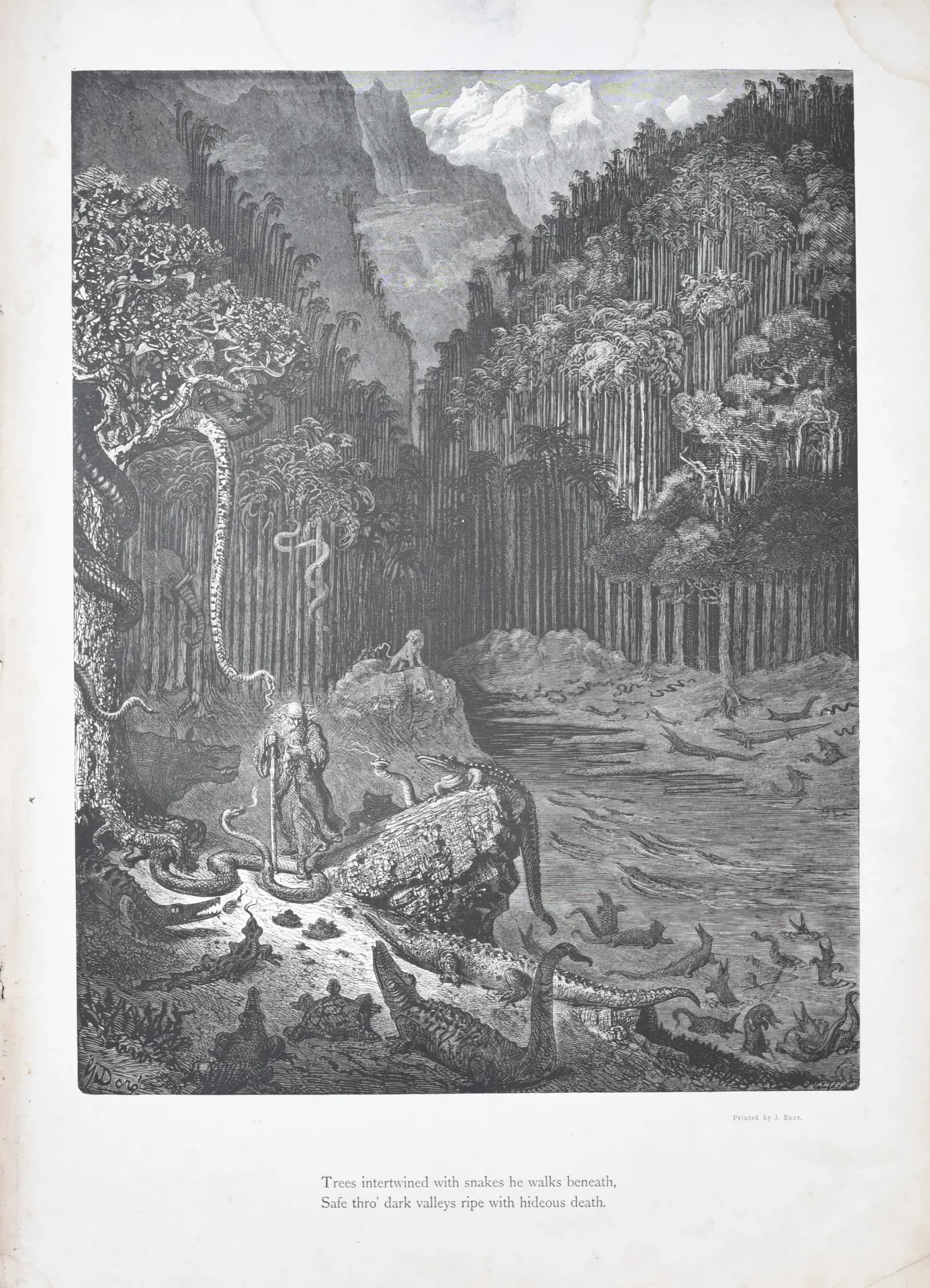 1866 Gustave Doré Wandering Jew Serpent Forest Plate 11 - Original Antique Engraving - Gothic Biblical Victorian Religious - 14 x 20 in