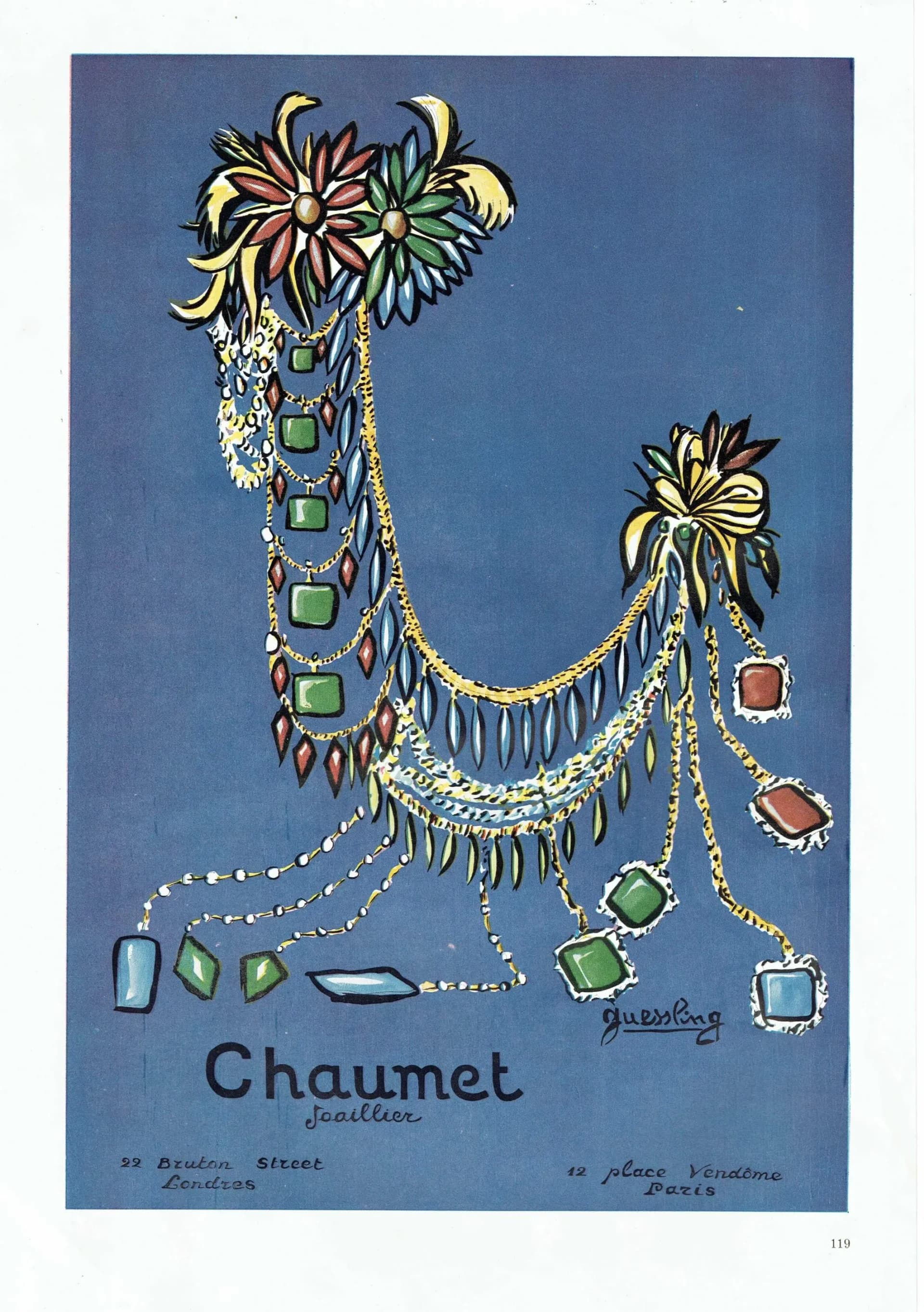 1947 Chaumet Jewellery - Original Vintage Print By Guessling - French Luxury Fashion Perfume Ad Soleils Folio - 9.5 x 13...
