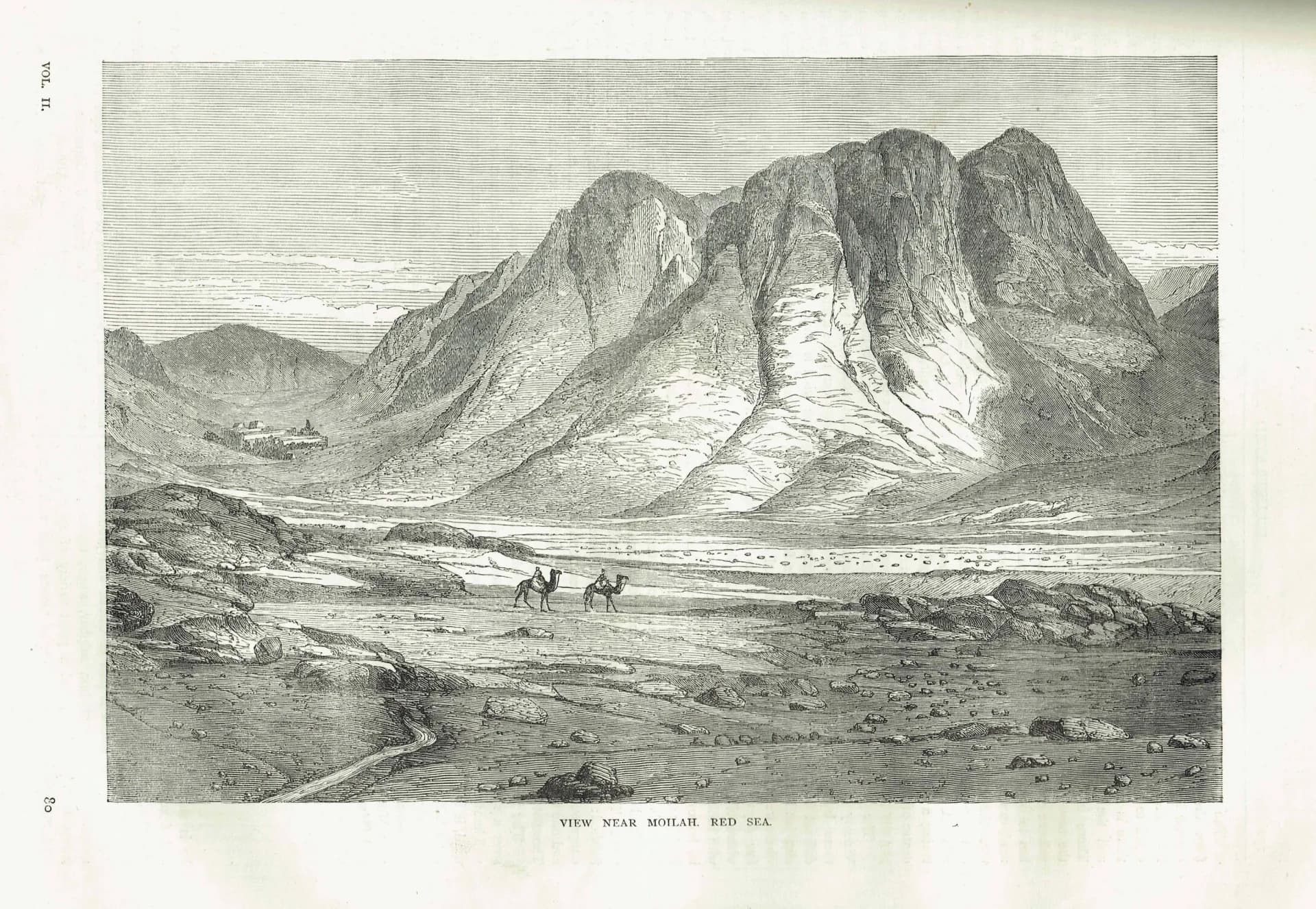 1871 View Near Moilah Red Sea - Antique Engraving - Illustrated Travels Arabia Camel Desert Landscape - 11.5 x 8 in