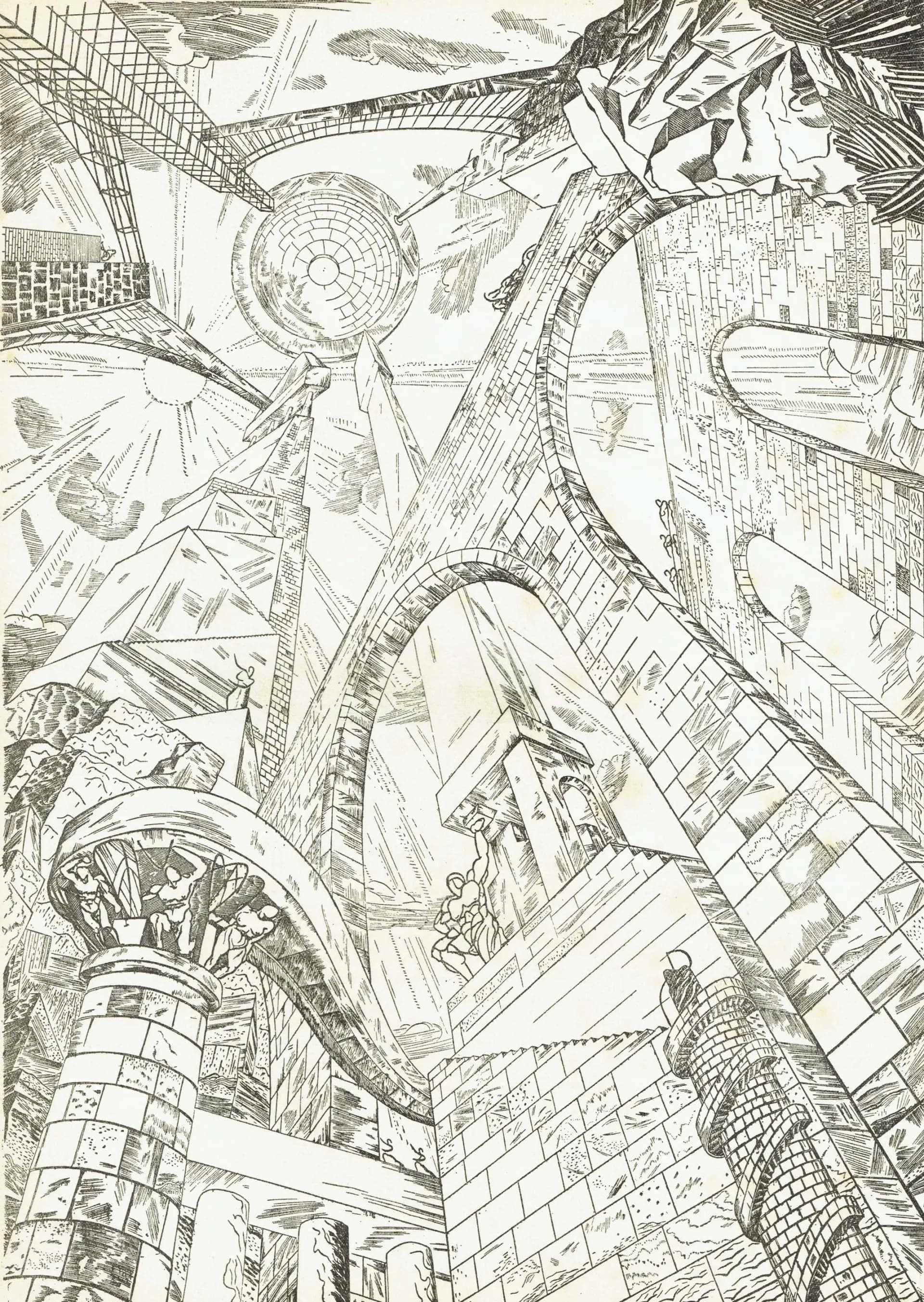 1947 Surreal Architecture Fantasy - Original Vintage Engraving By Vieillard - Soleils Paris Avant-Garde Folio French Art - 10 x 14 in