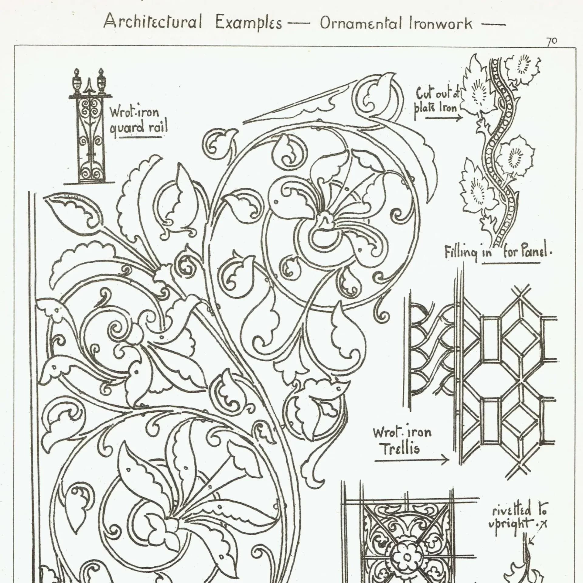 1898 Ornamental Ironwork Architecture Print - Wrought Iron Arabesque, Trellis & Scrollwork Plate - Antique Design - 8 x 10.75 in