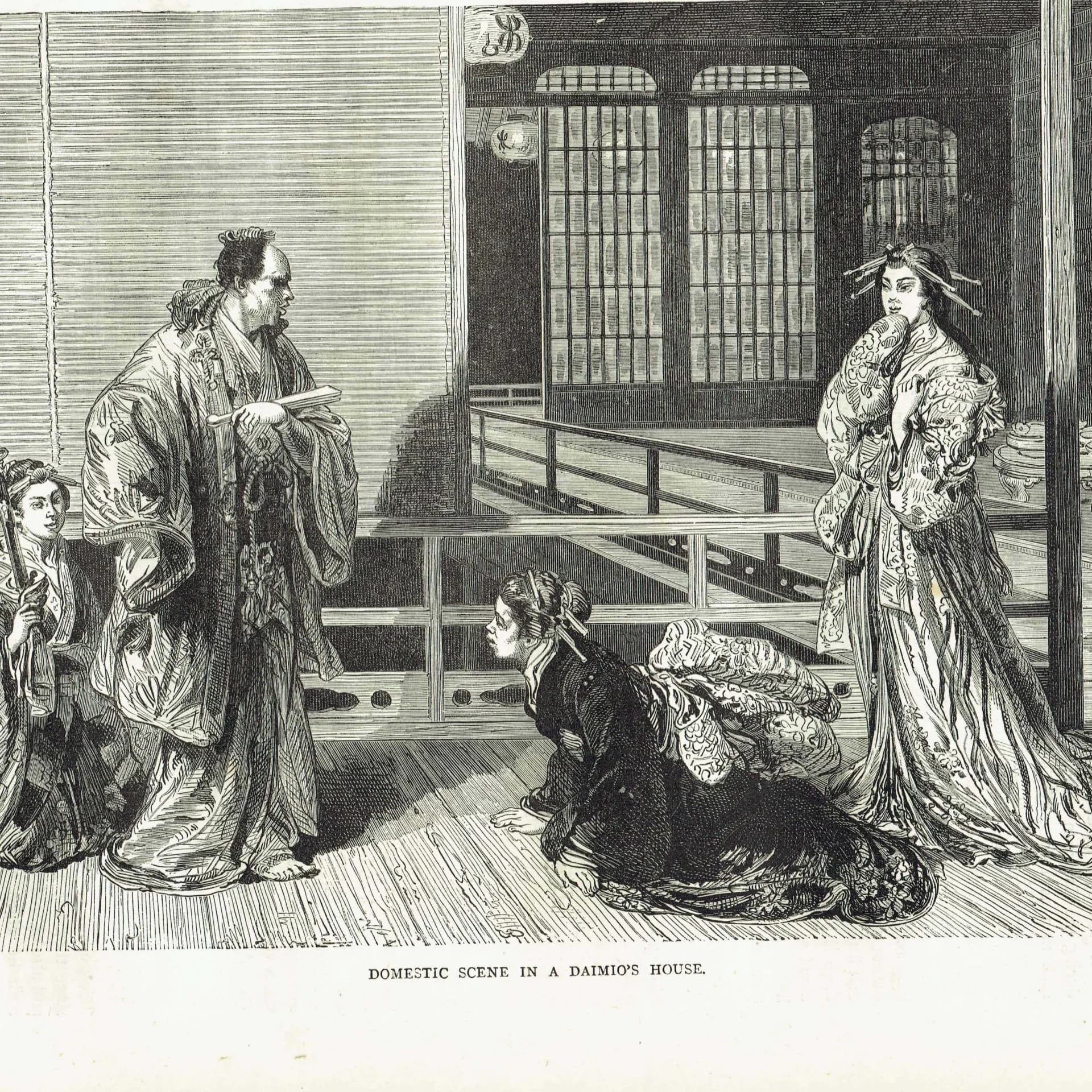 1875 Daimio's House Japan - Antique Engraving - Victorian Japanese Interior Portrait Scene Illustrated Travels - 11.5 x 8 in