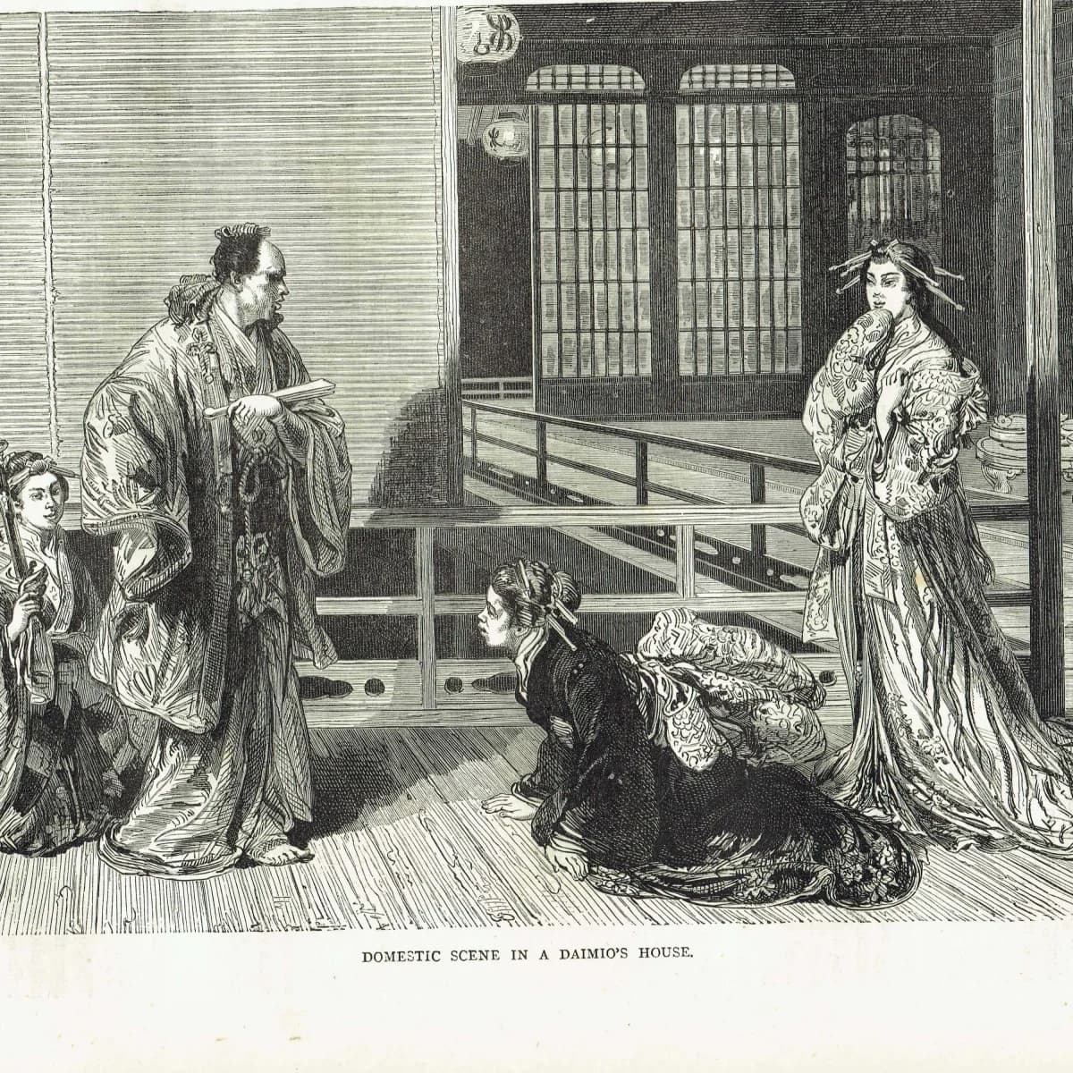 1875 Daimio's House Japan - Antique Engraving - Victorian Japanese Interior Portrait Scene Illustrated Travels - 11.5 x 8 in