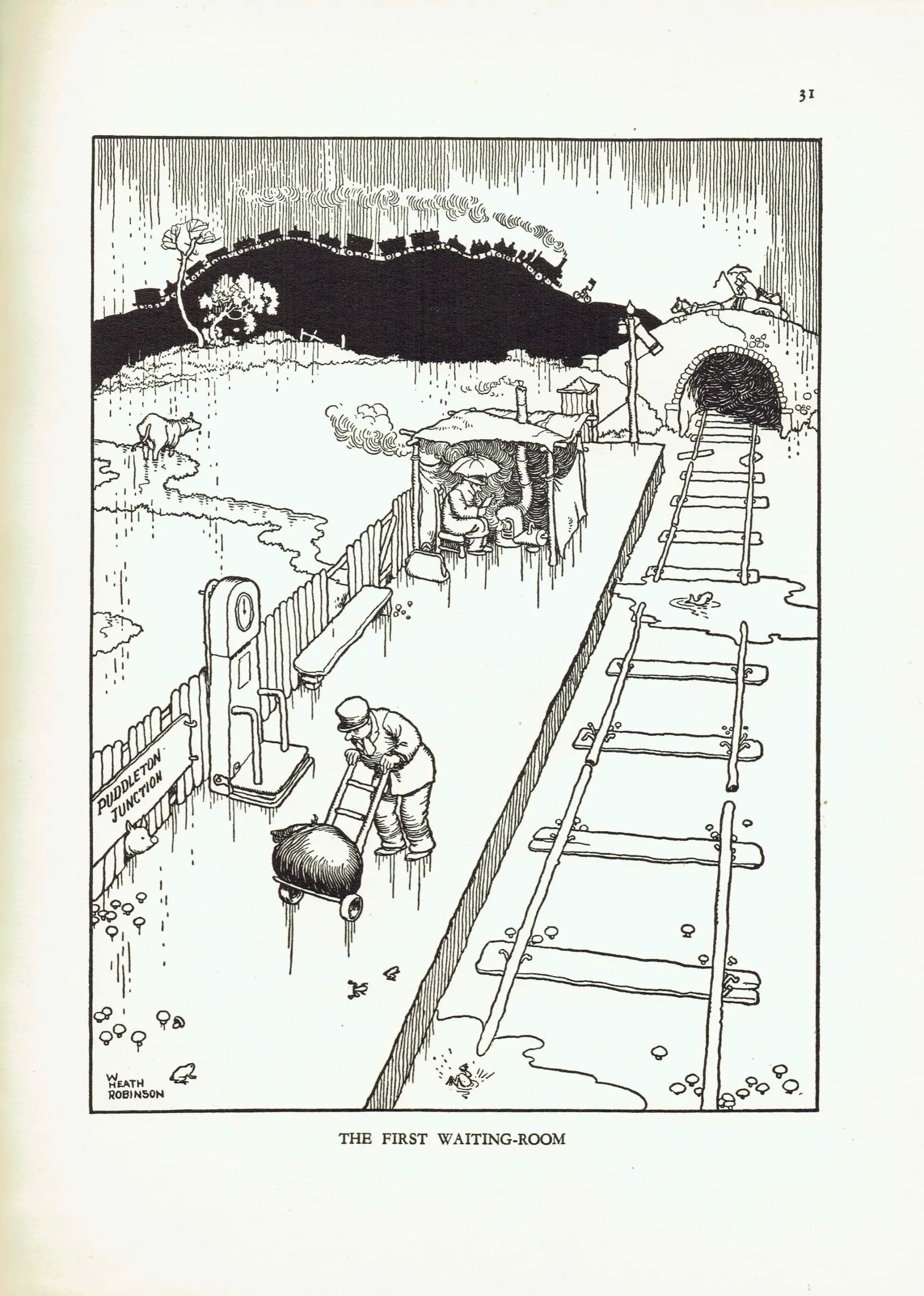 1935 Railway Humour - Original Vintage Print By Heath Robinson - Great Western Railway Centenary Cartoon Satire - 7 x 9.5 in