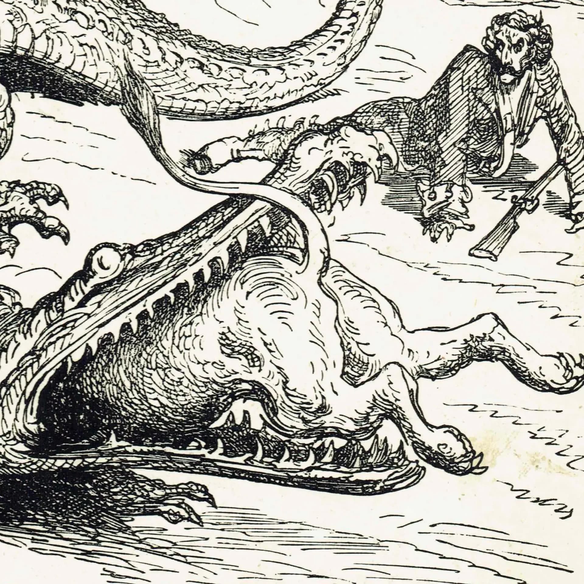 1867 Baron Munchausen Sea Serpent Battle - Original Antique Print By Doré - Fantasy Adventure Literary Illustration - 6 x 9 in