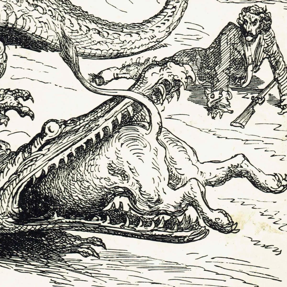 1867 Baron Munchausen Sea Serpent Battle - Original Antique Print By Doré - Fantasy Adventure Literary Illustration - 6 x 9 in
