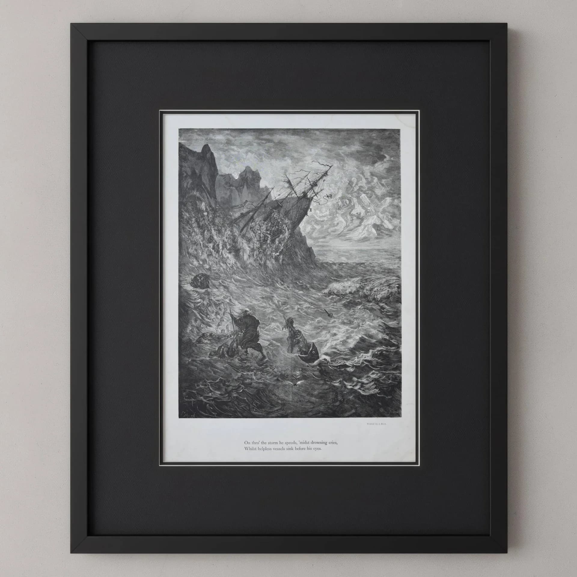 1866 Gustave Doré Wandering Jew Shipwreck Plate 10 - Original Antique Engraving - Victorian Gothic Religious Mythology Maritime - 14 x 20 in