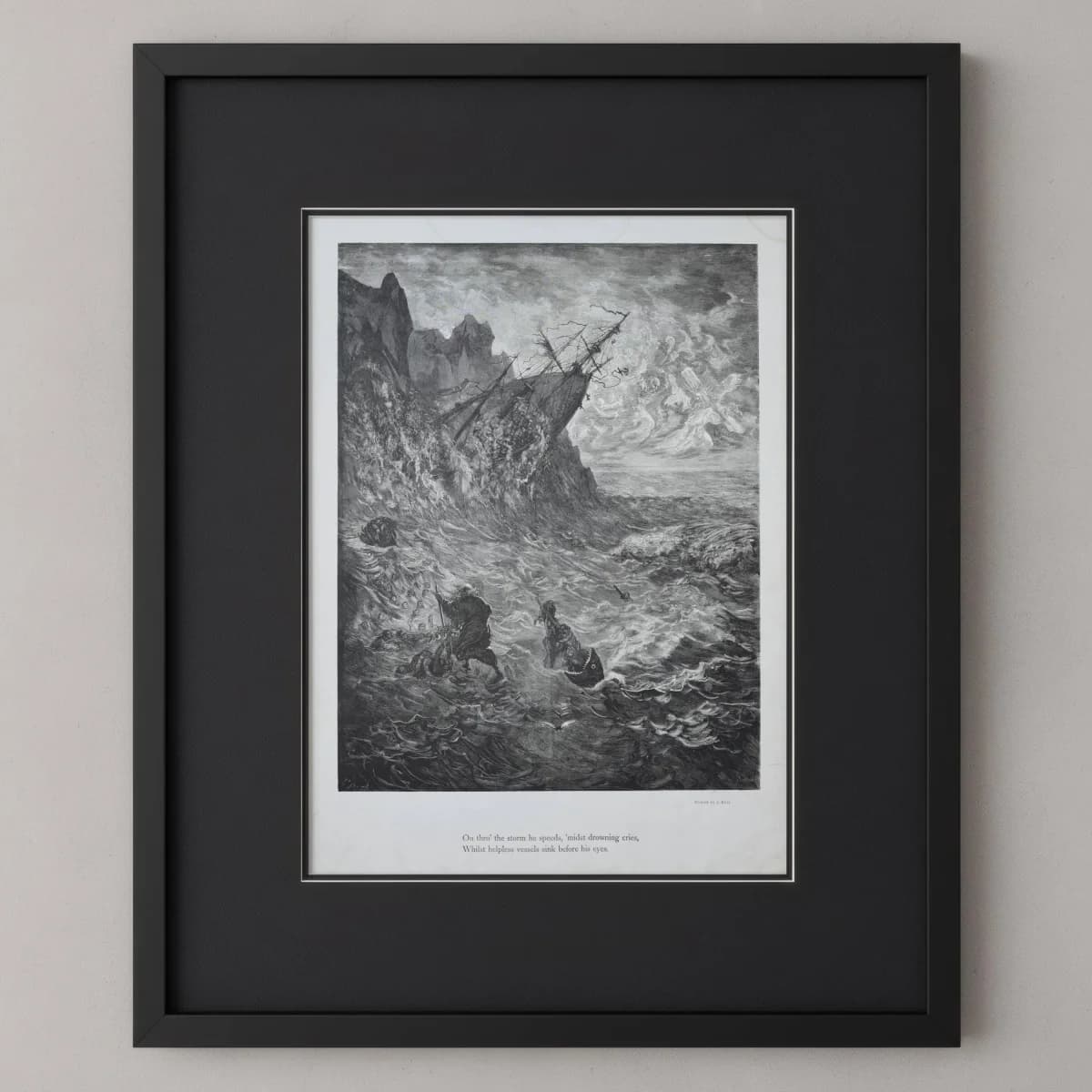 1866 Gustave Doré Wandering Jew Shipwreck Plate 10 - Original Antique Engraving - Victorian Gothic Religious Mythology Maritime - 14 x 20 in