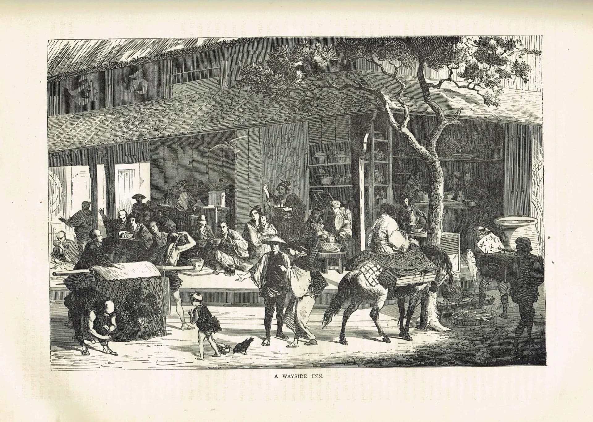 1875 Japanese Wayside Inn - Antique Engraving - Illustrated Travels Vol 6 Bates Japan Scene Horse - 11.5 x 8 in