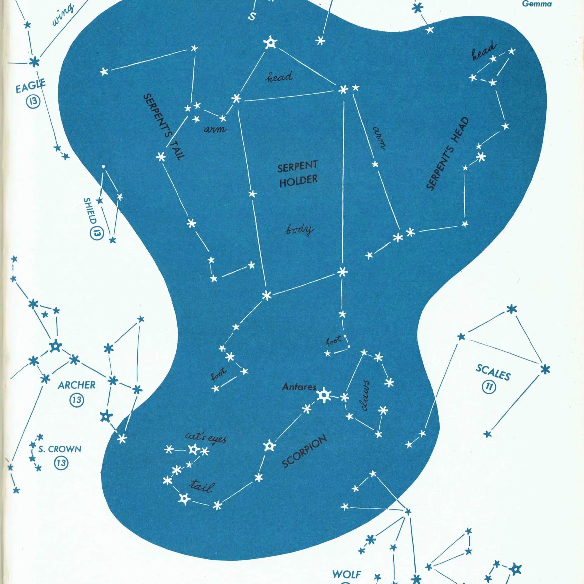 1952 Serpent Holder Constellation - Original Vintage Print By H.A. Rey - Astronomy Star Chart Celestial Map Educational - 8 x 11 in