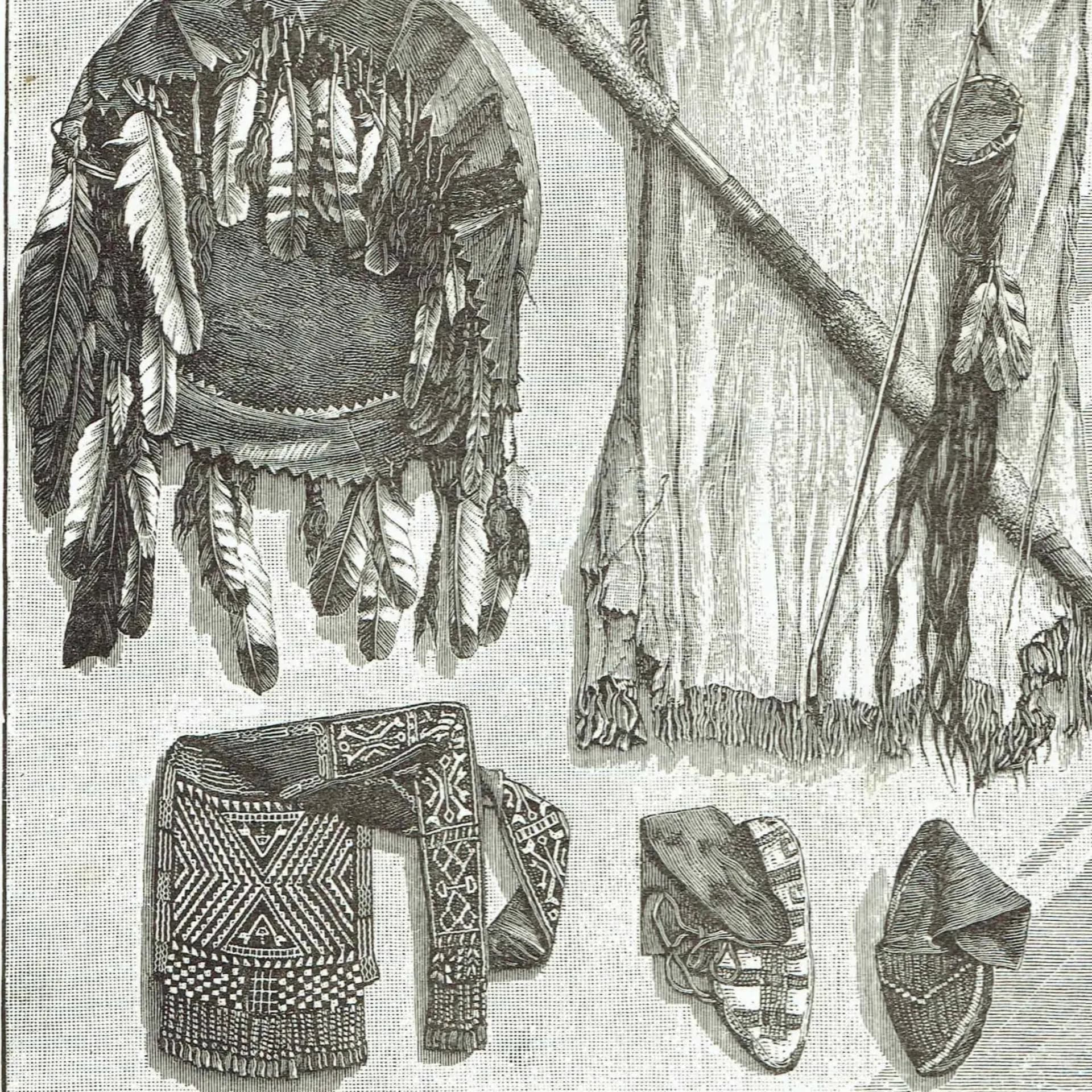 1885 Indian Dresses Weapons Ornaments - Canada - Original Antique Print - drawn by Marquis of Lorne - Engraved Whymper - 7.25 x 10.75 in