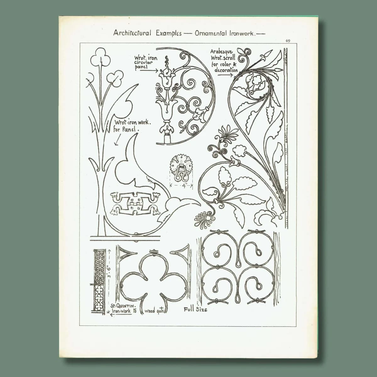 1898 Ornamental Wrought Ironwork - Circular Panel Arabesque Scroll St Quintin Architecture Print - W Fullerton - 8 x 10.75 in