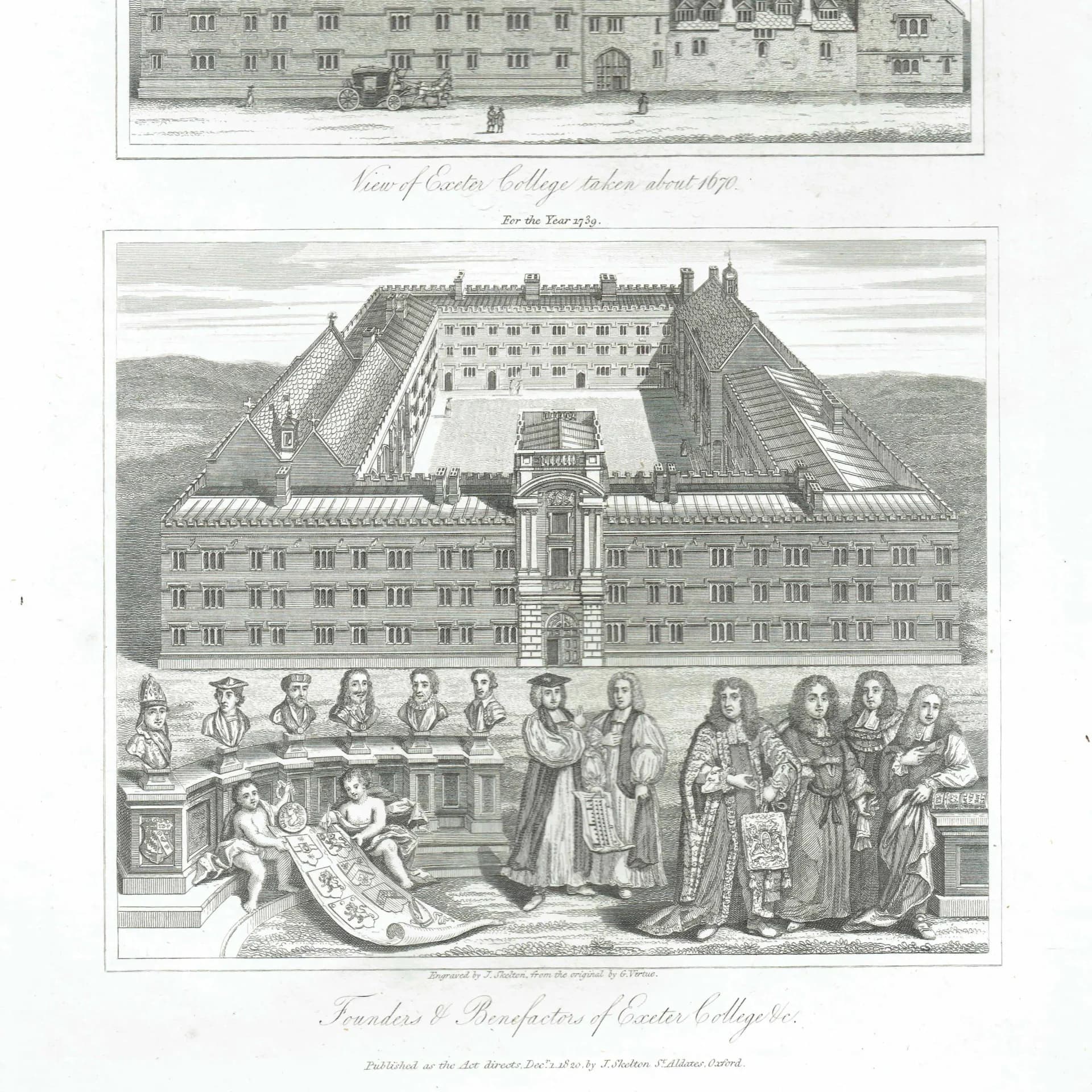 1820 Exeter College Oxford - Original Antique Engraving By Skelton - University Architecture Historical Founders Plate 42 - 8.25 x 11 in