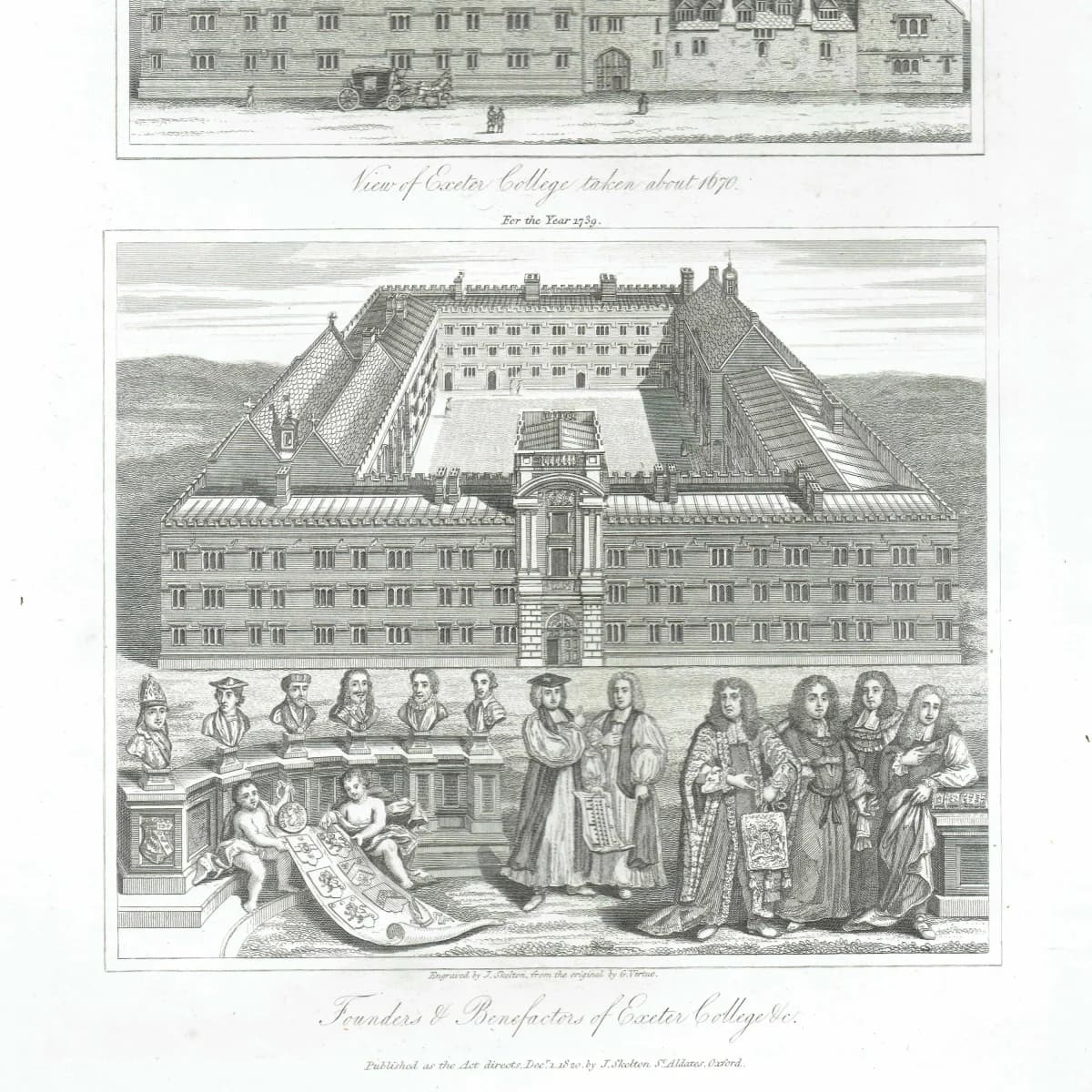 1820 Exeter College Oxford - Original Antique Engraving By Skelton - University Architecture Historical Founders Plate 42 - 8.25 x 11 in