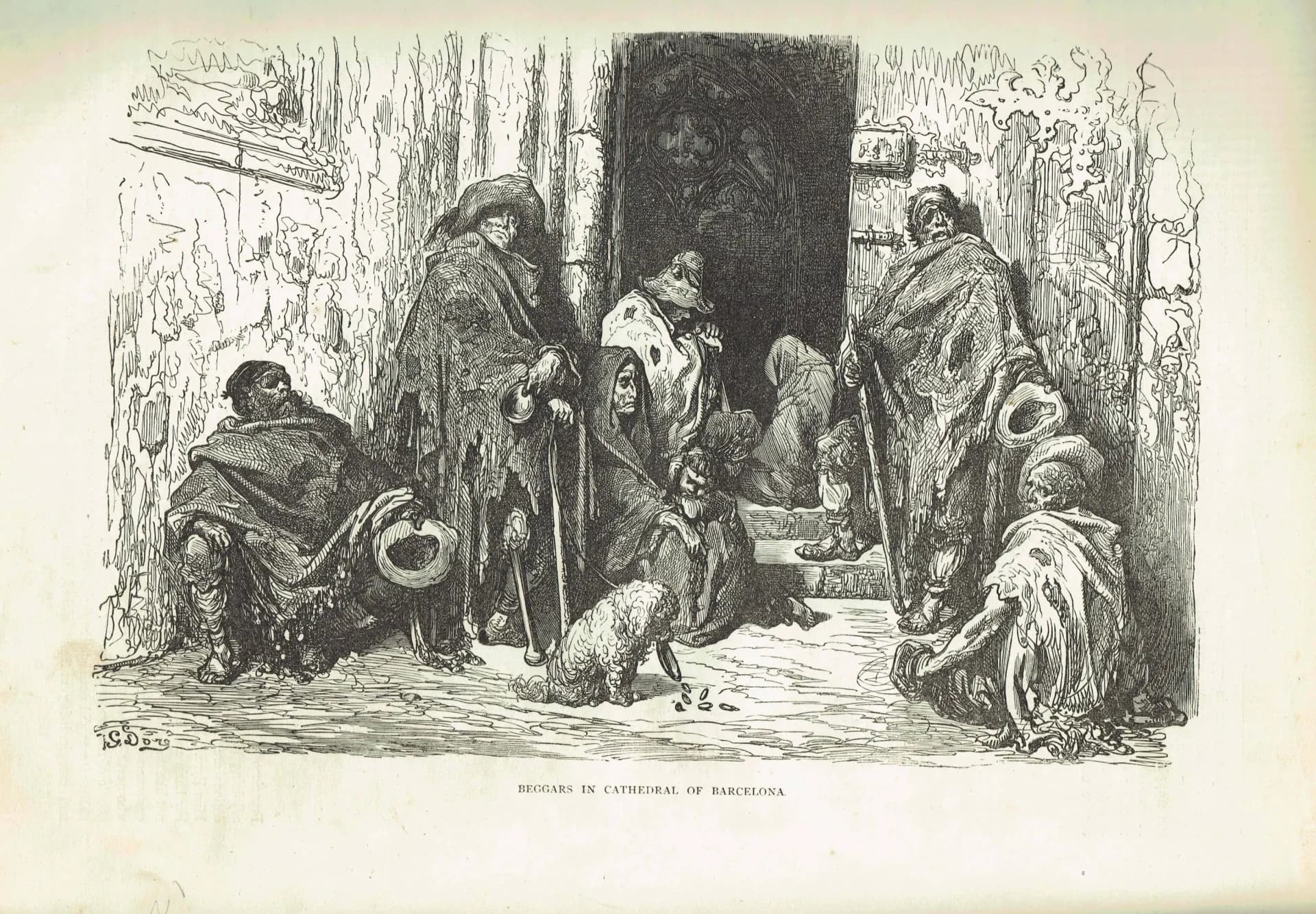 1869 Beggars in Cathedral of Barcelona - Original Antique Engraving - Spanish Religious Architecture Social History Travel - 11.75 x 8.75 in