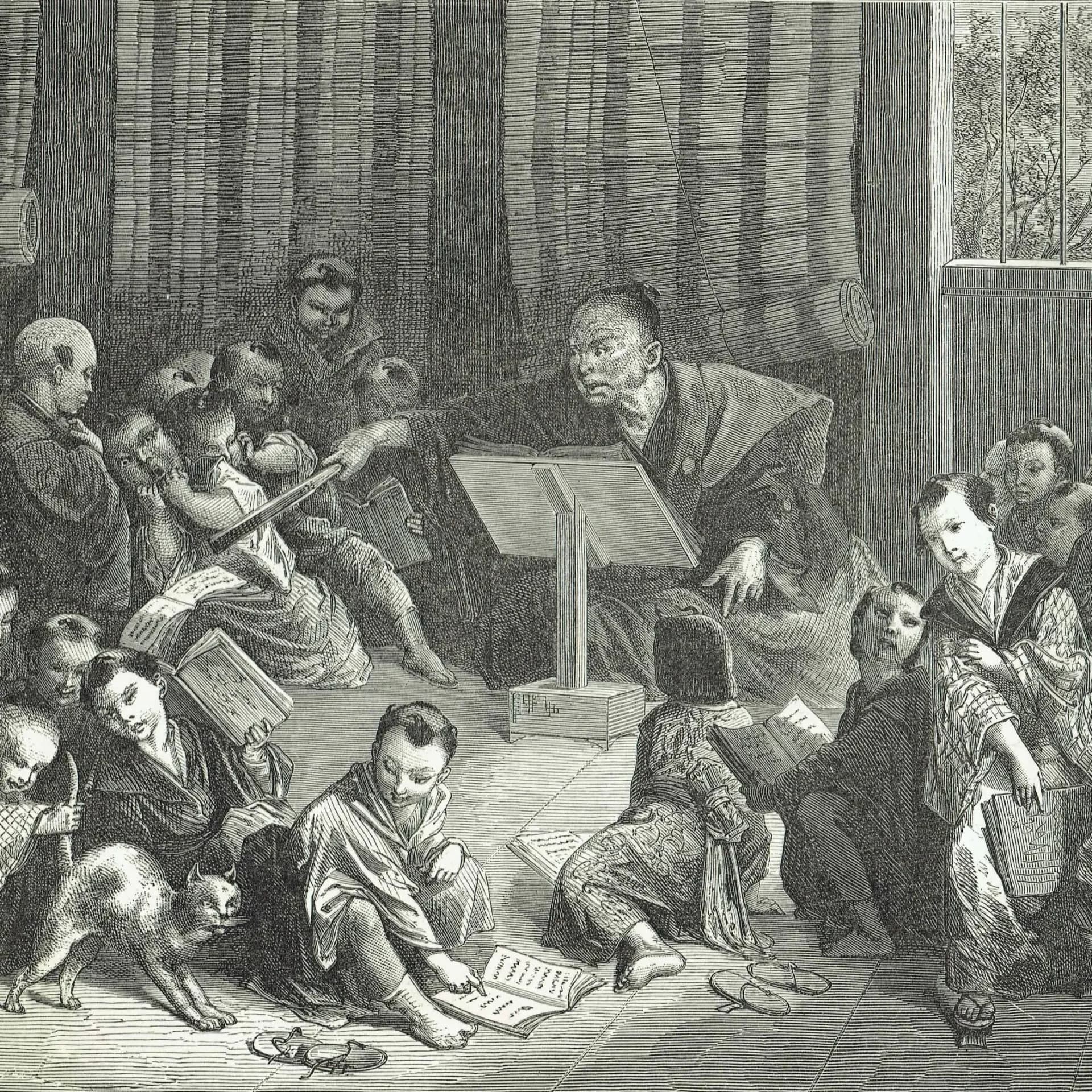 1870s Original Japanese School Woodblock Print - Victorian Educational Scene - Antique Book Illustration - Cultural Study - 12 x 8.5 in