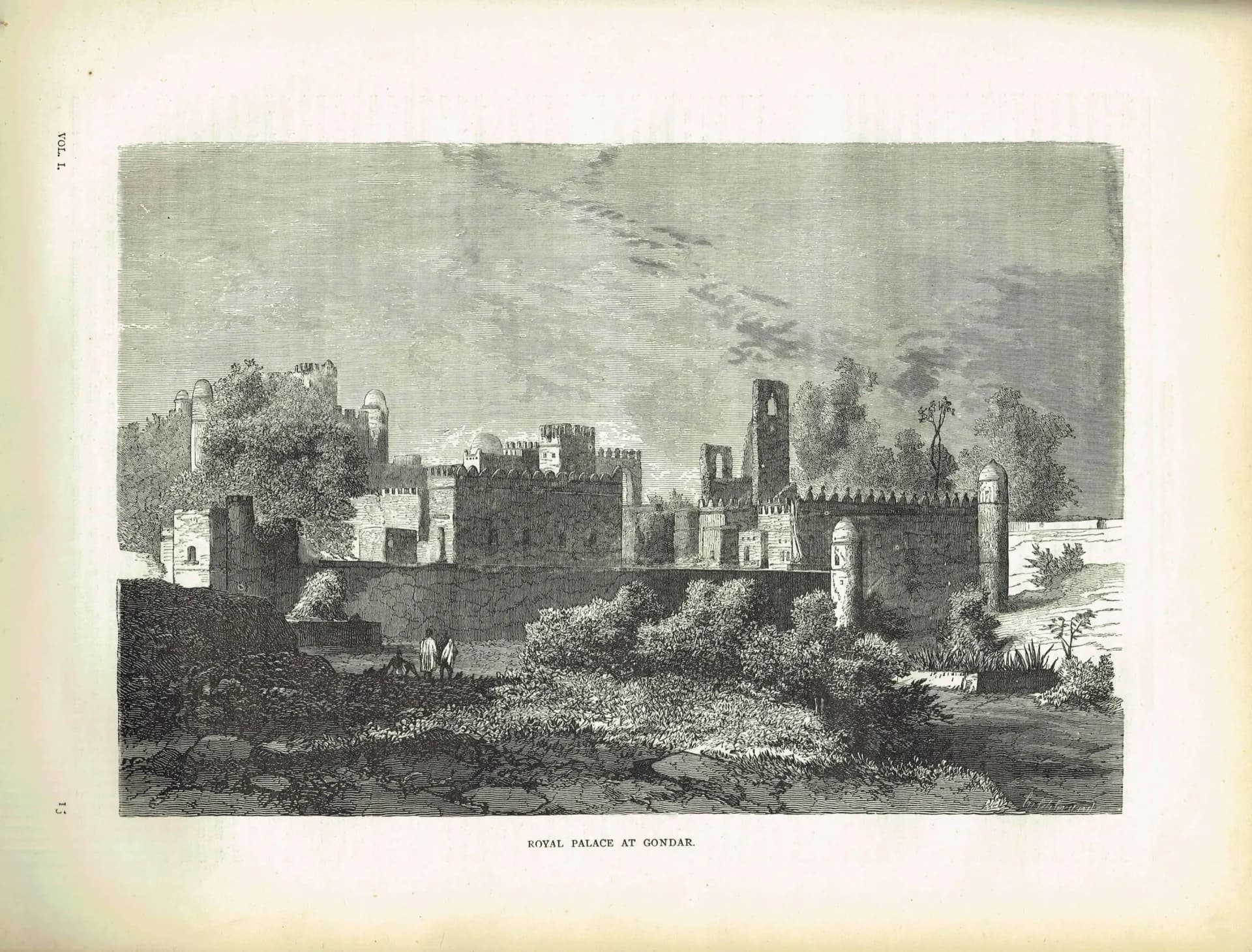 1869 Royal Palace at Gondar Ethiopia - Original Antique Engraving - African Architecture Historical Geography Travel - 11 x 8.25 in