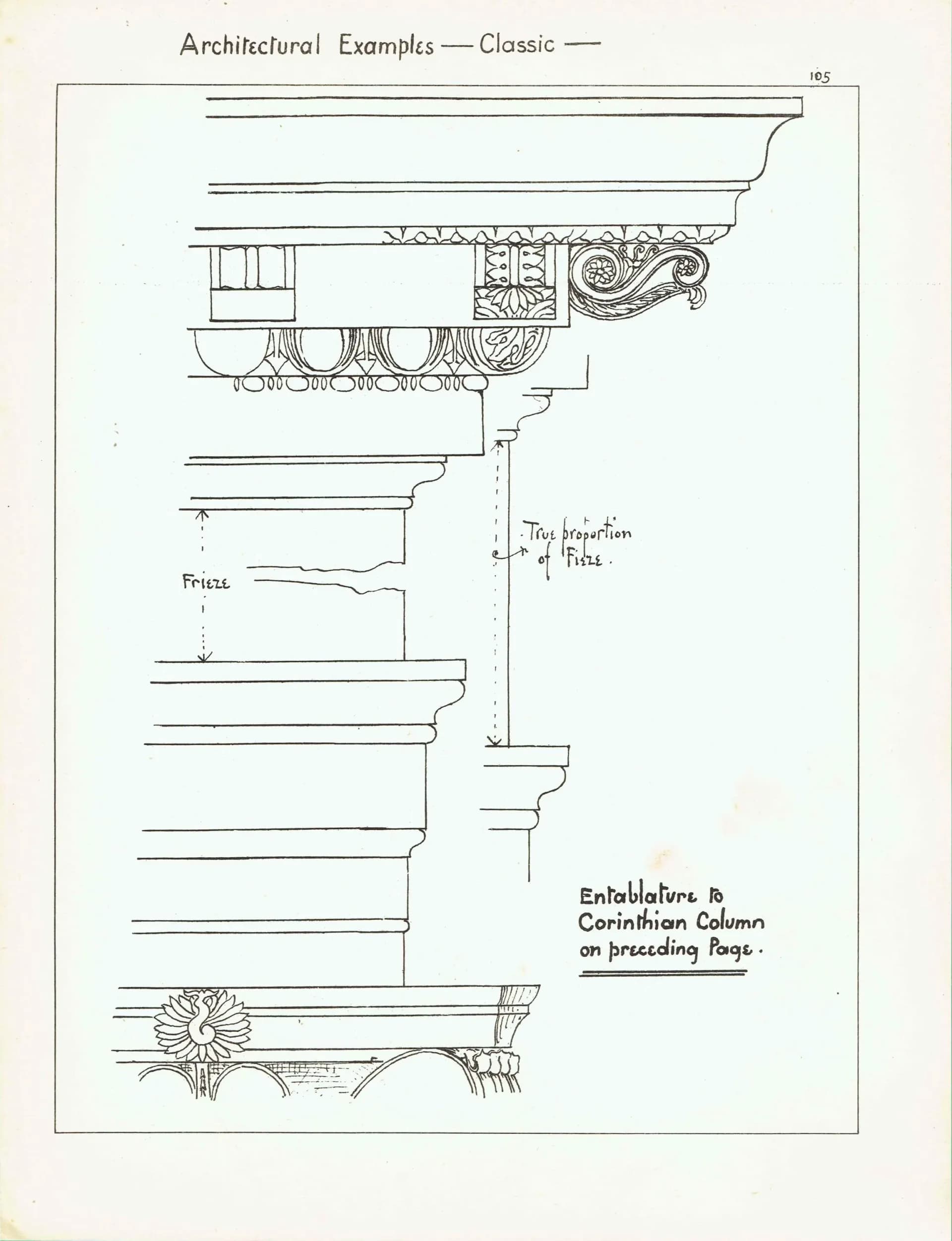 1898 Classic Architectural Frieze Print - Corinthian Entablature, Decorative Mouldings & Ornament - Antique Plate - 8 x 10.75 in