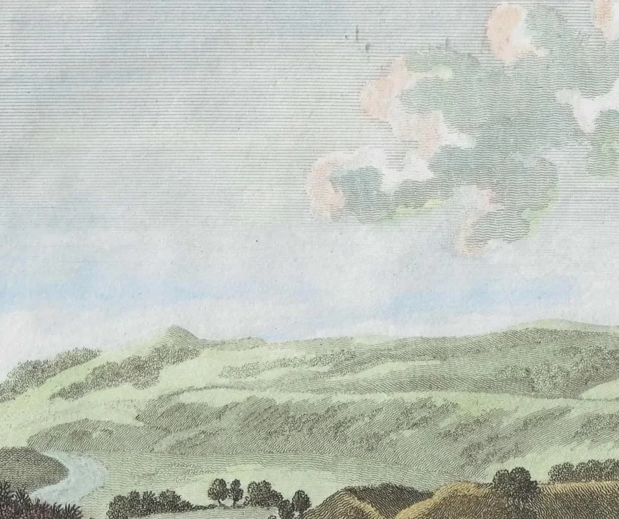 1790 Bow Butts English Landscape Print - Rural River Scene - 18th Century Antique Engraving - Countryside View by L. Parr - 6.75 x 8.75 in