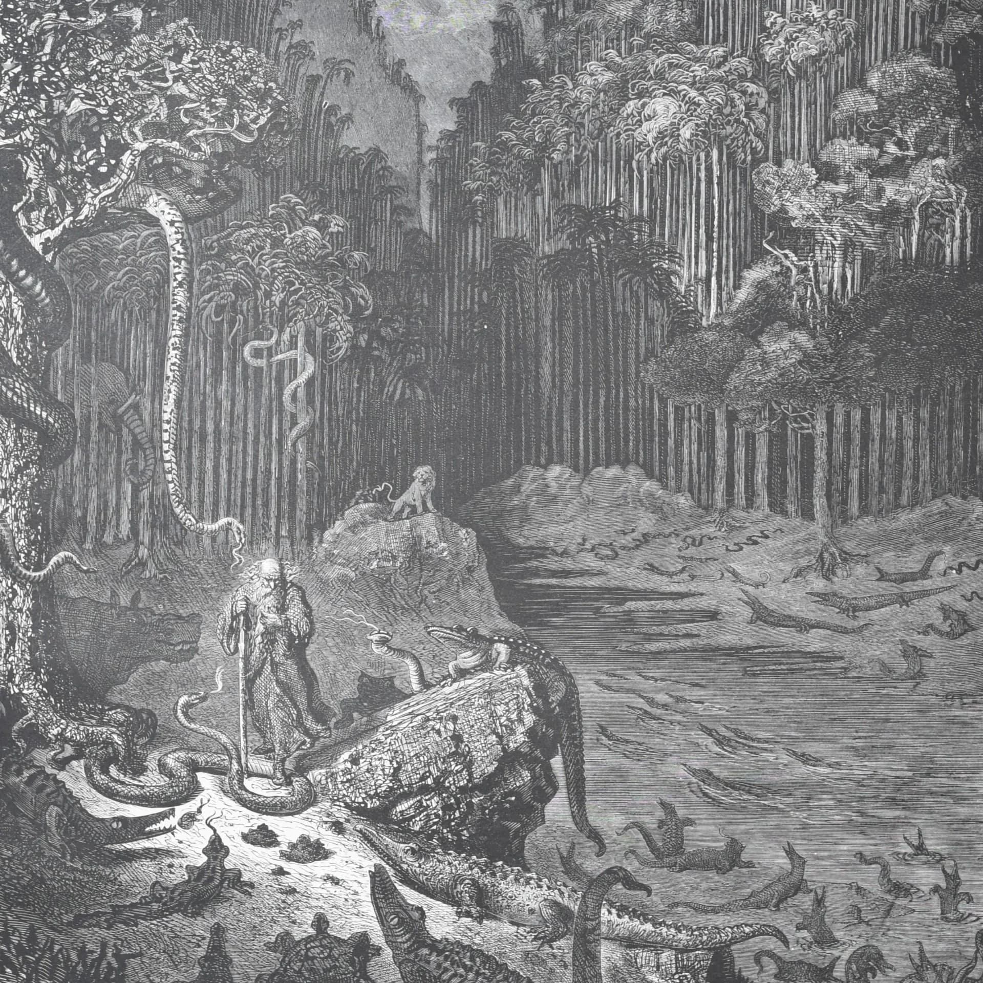1866 Gustave Doré Wandering Jew Serpent Forest Plate 11 - Original Antique Engraving - Gothic Biblical Victorian Religious - 14 x 20 in