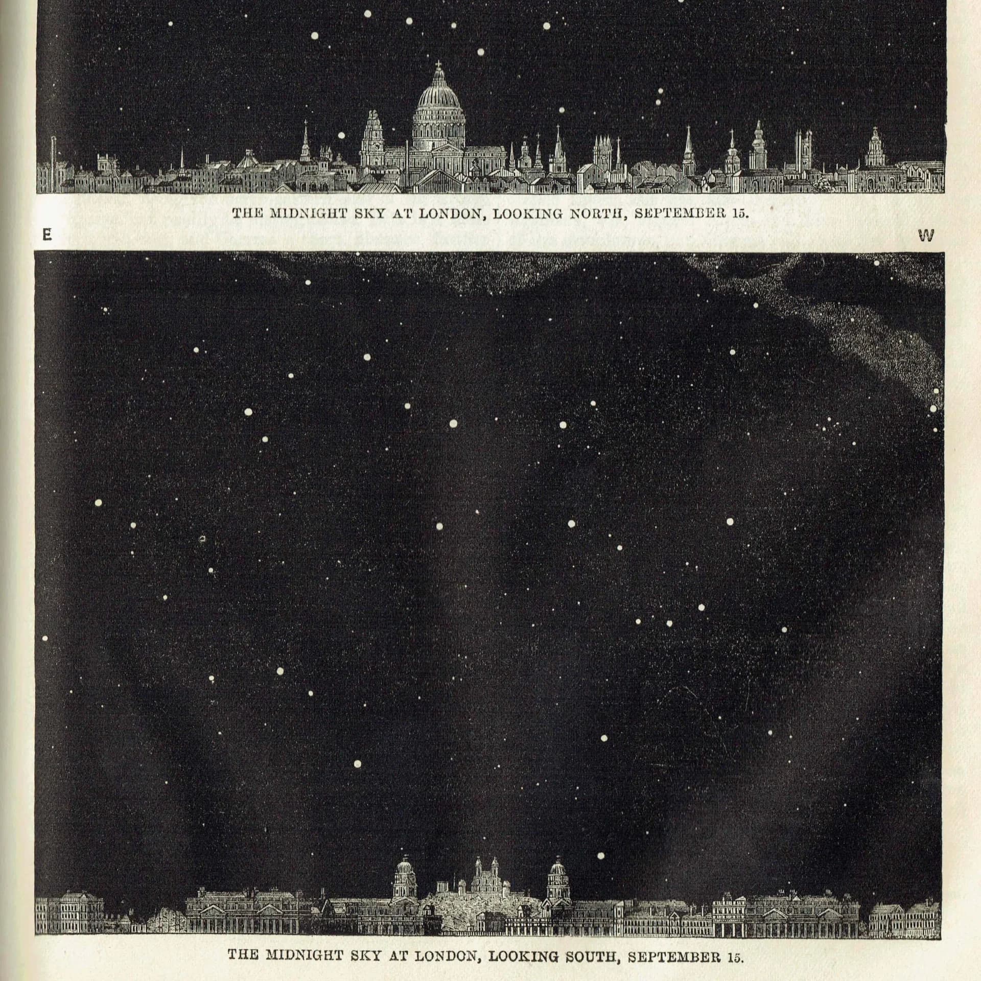 1868 Midnight Sky at London - Original Antique Print - Victorian Astronomy Star Chart North South Views Leisure Hour - 6.25 x 10 in